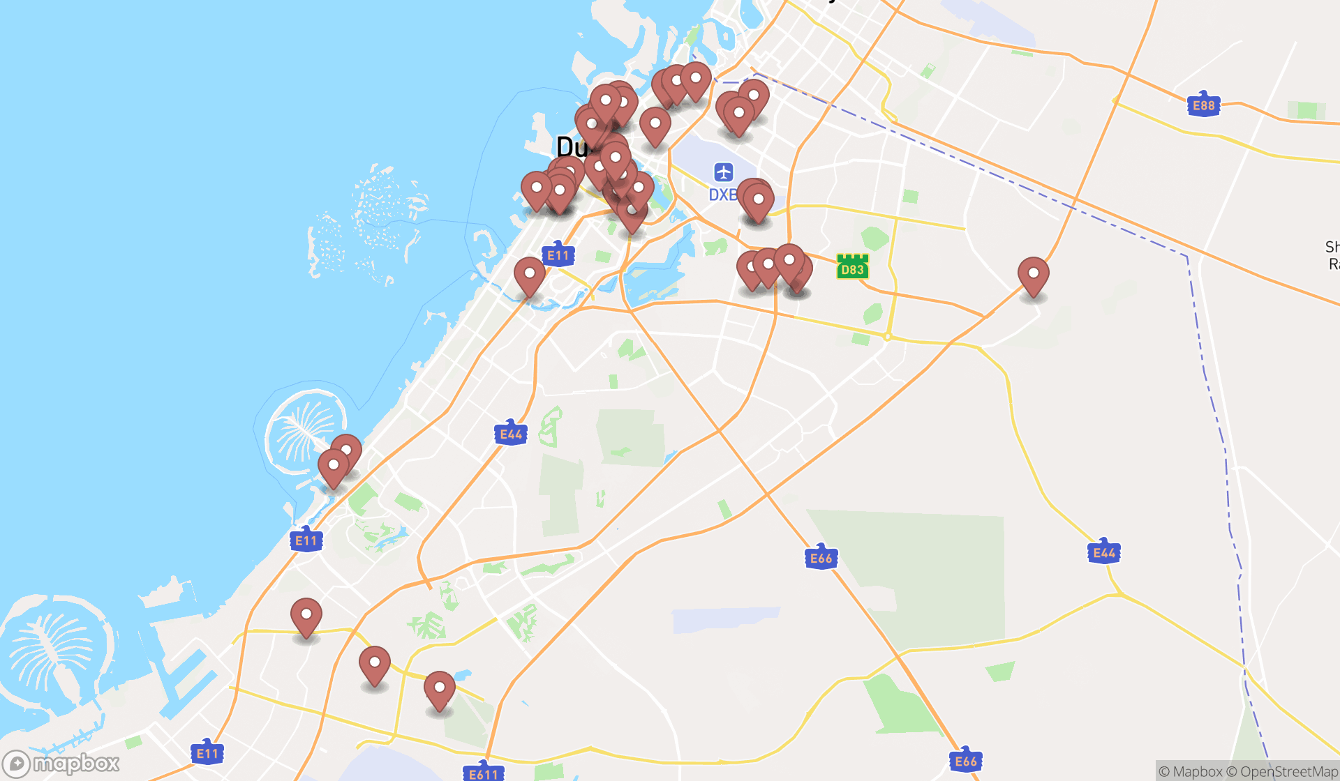 Map showing the search results in Dubai