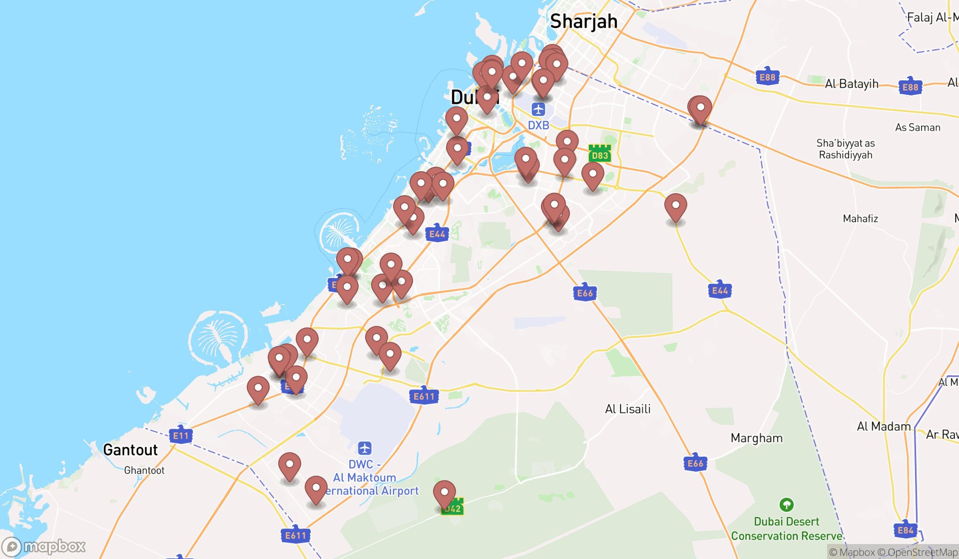 Map showing the search results in Dubai