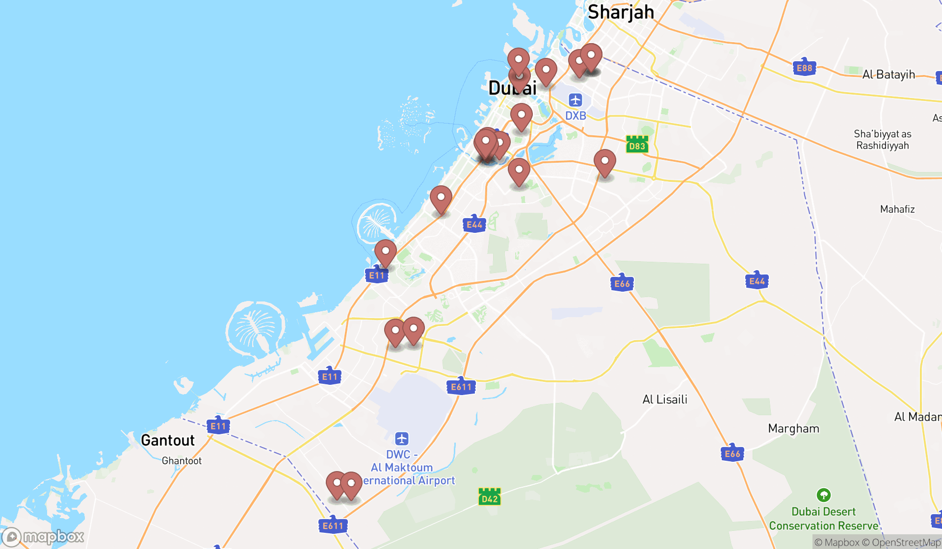 Map showing the search results in Dubai