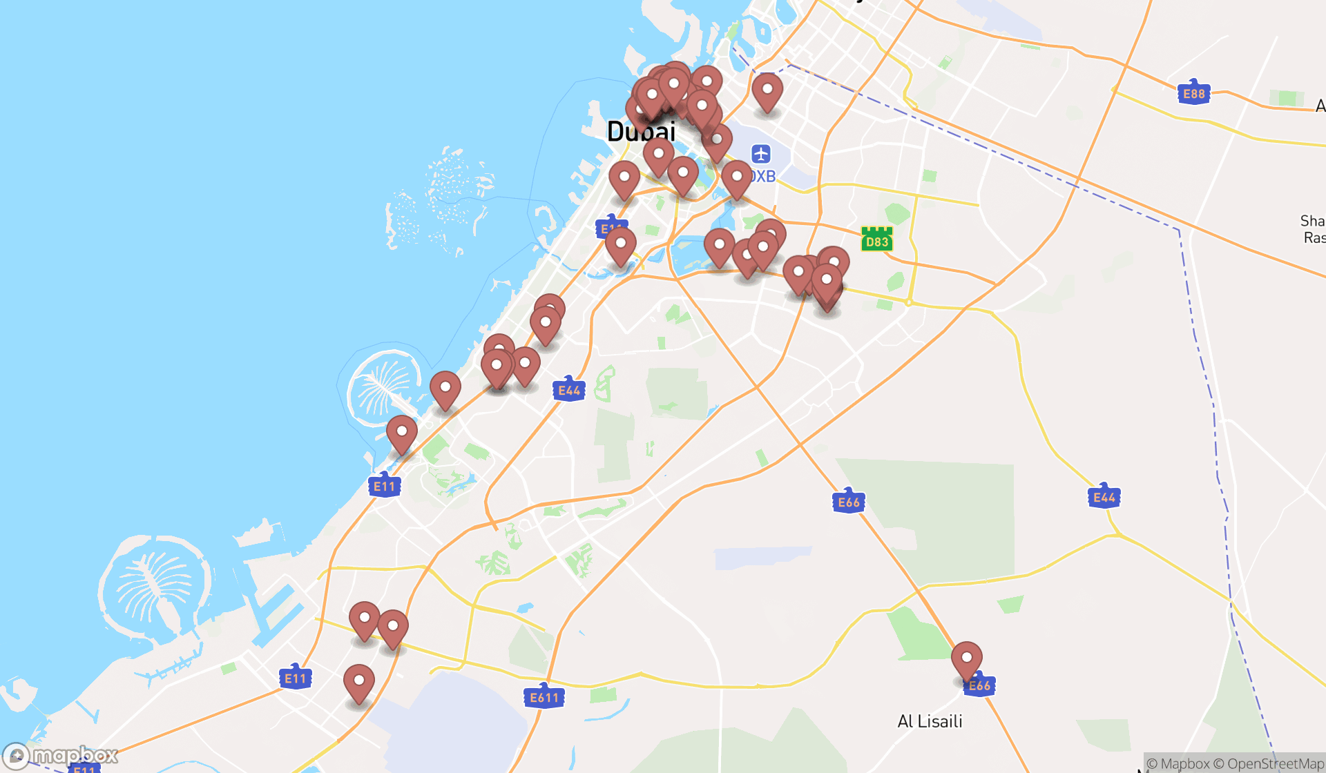 Map showing the search results in Dubai