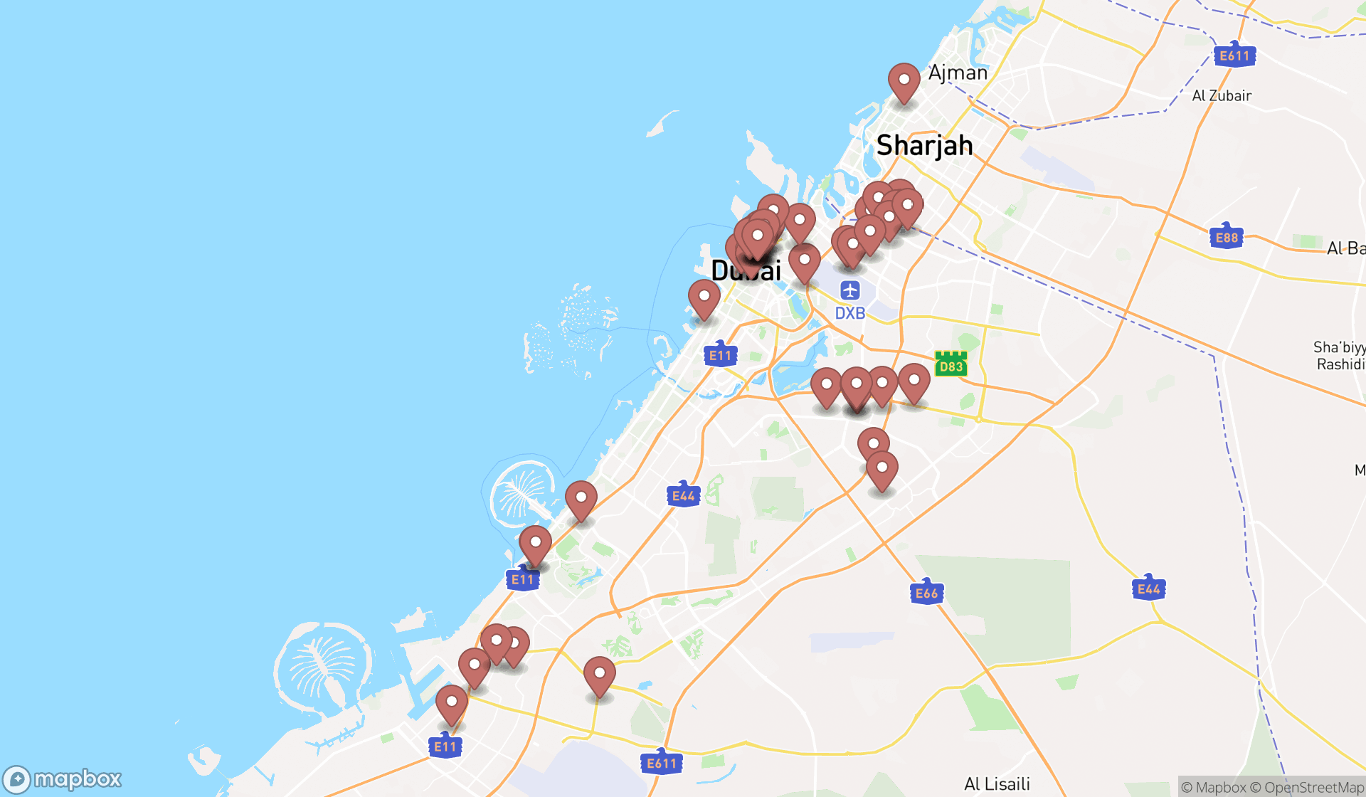 Map showing the search results in Dubai
