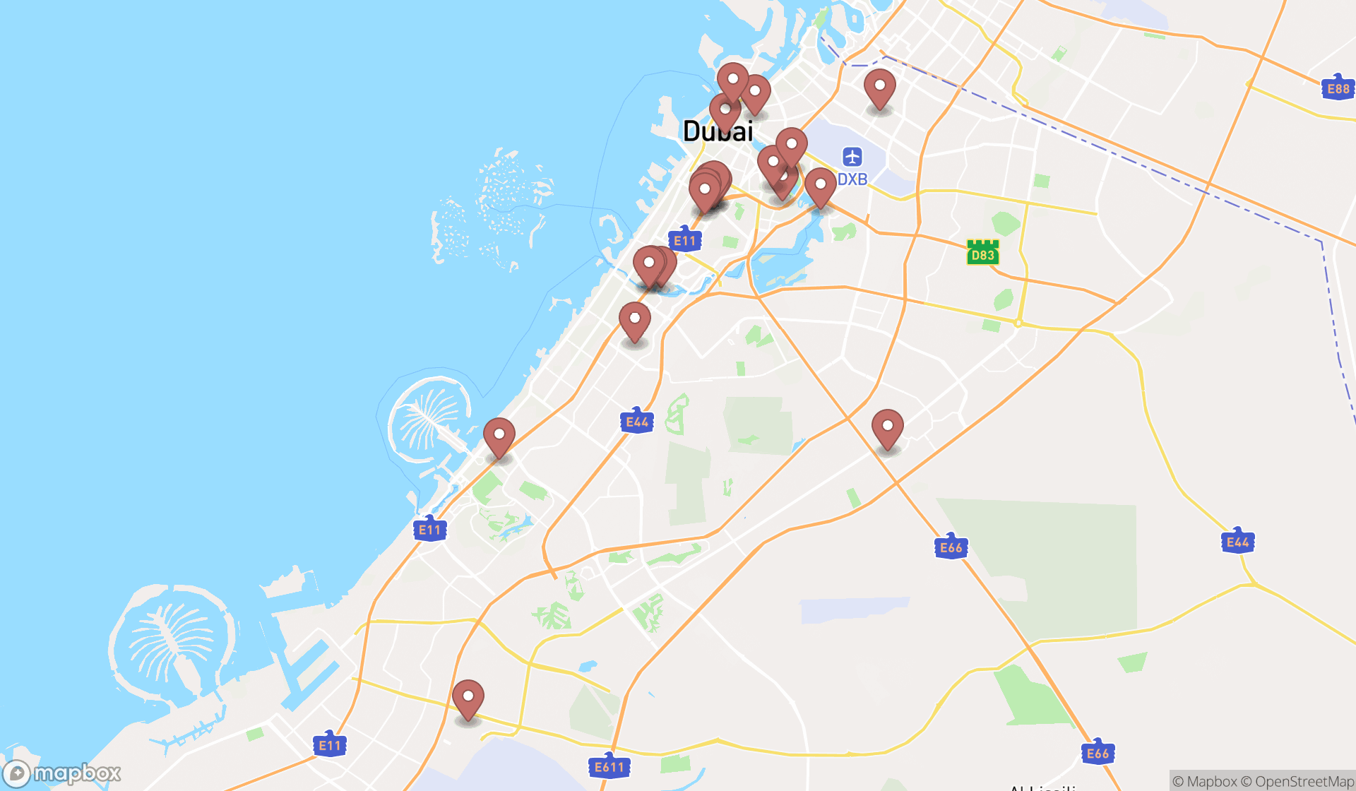 Map showing the search results in Dubai