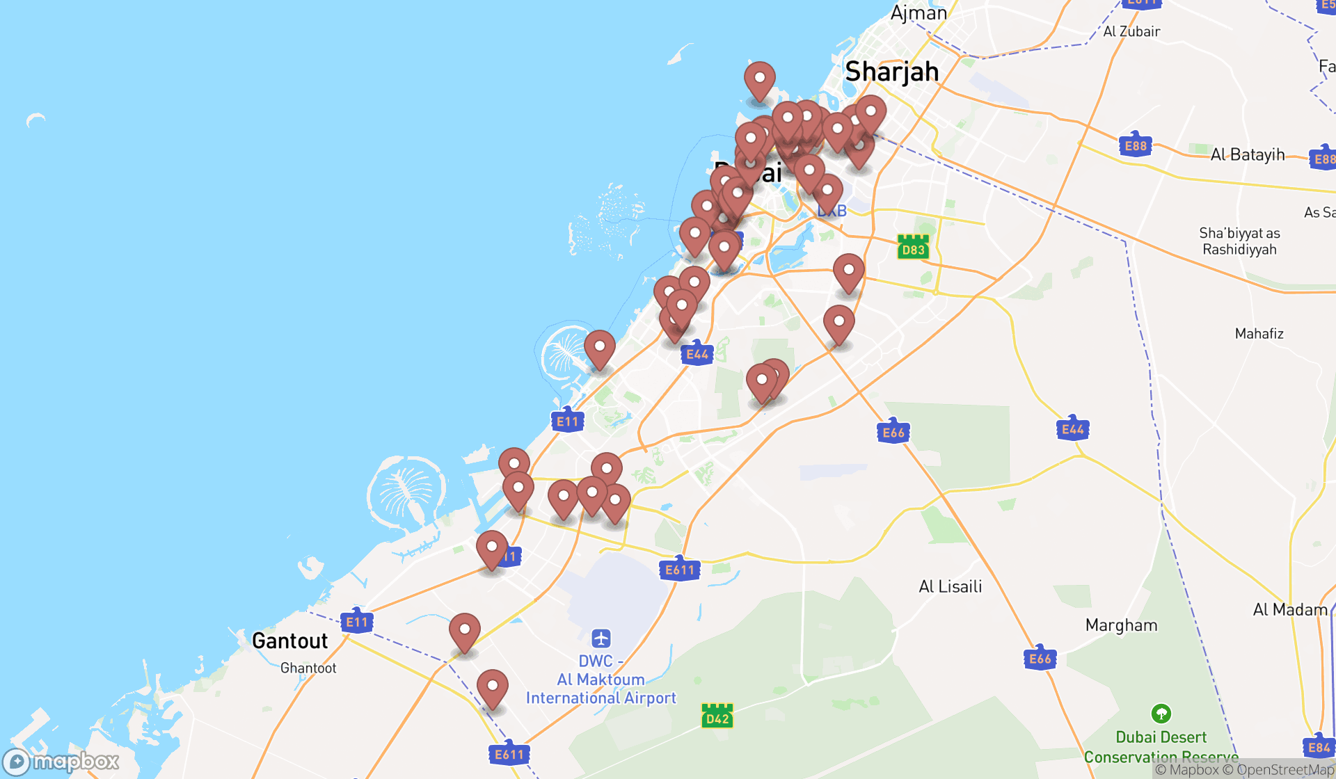 Map showing the search results in Dubai