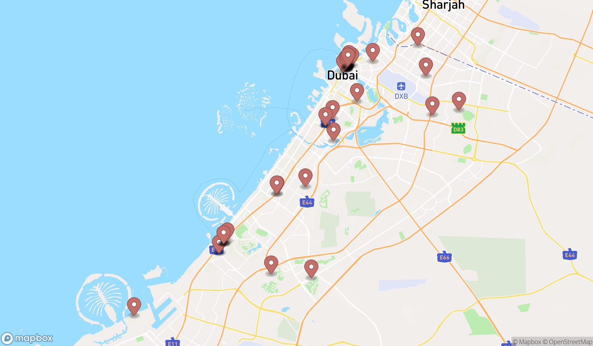 Map showing the search results in Dubai