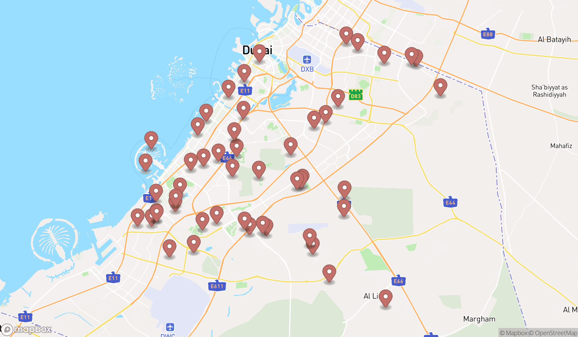 Map showing the search results in Dubai