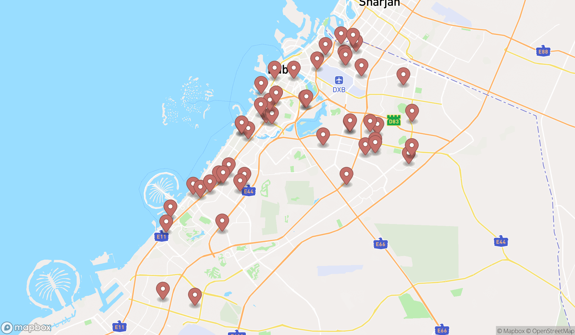 Map showing the search results in Dubai