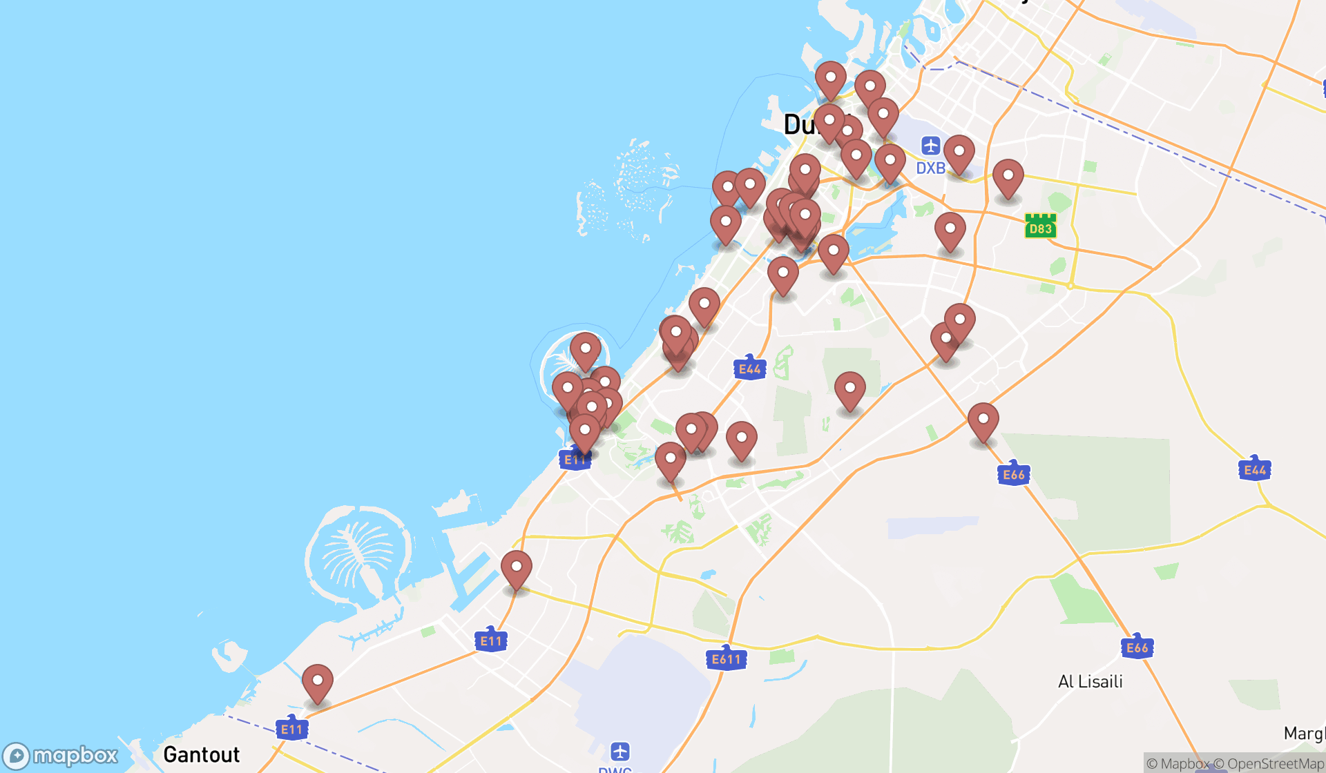 Map showing the search results in Dubai