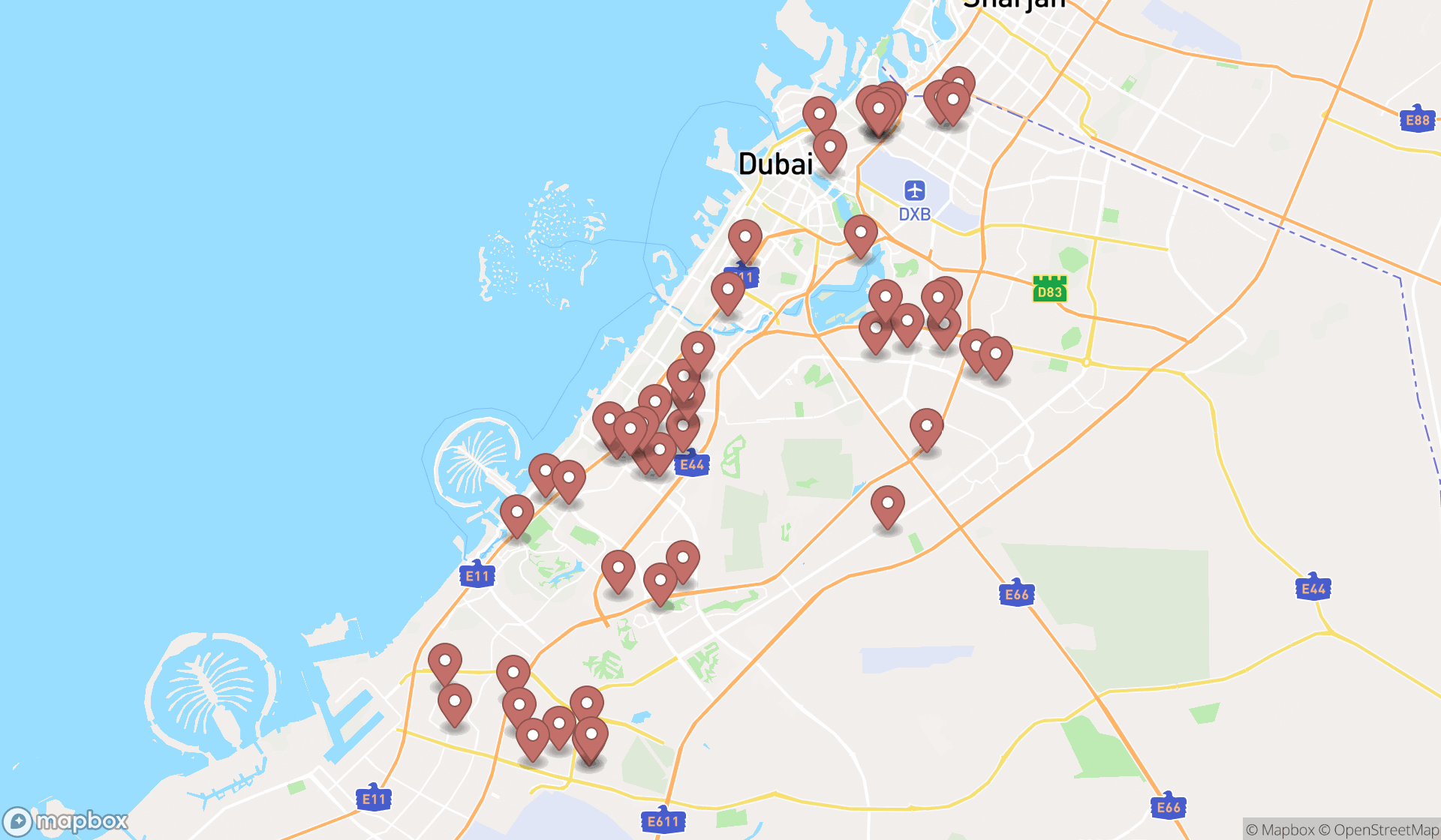 Map showing the search results in Dubai