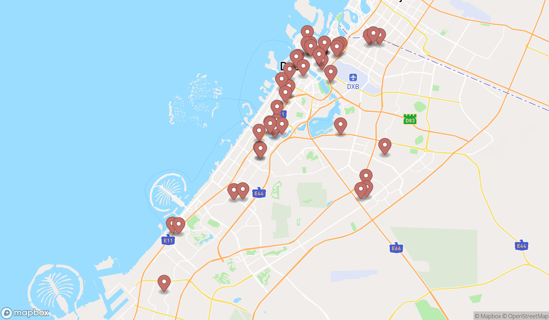 Map showing the search results in Dubai