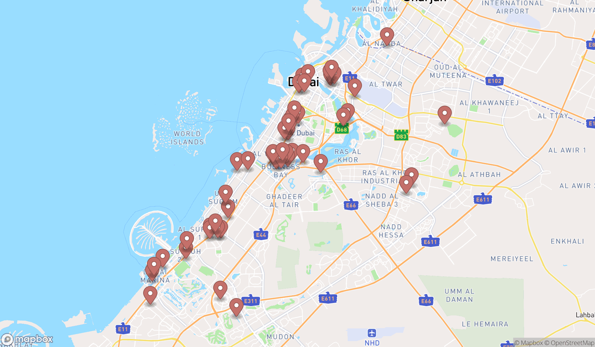 Map showing the search results in Dubai