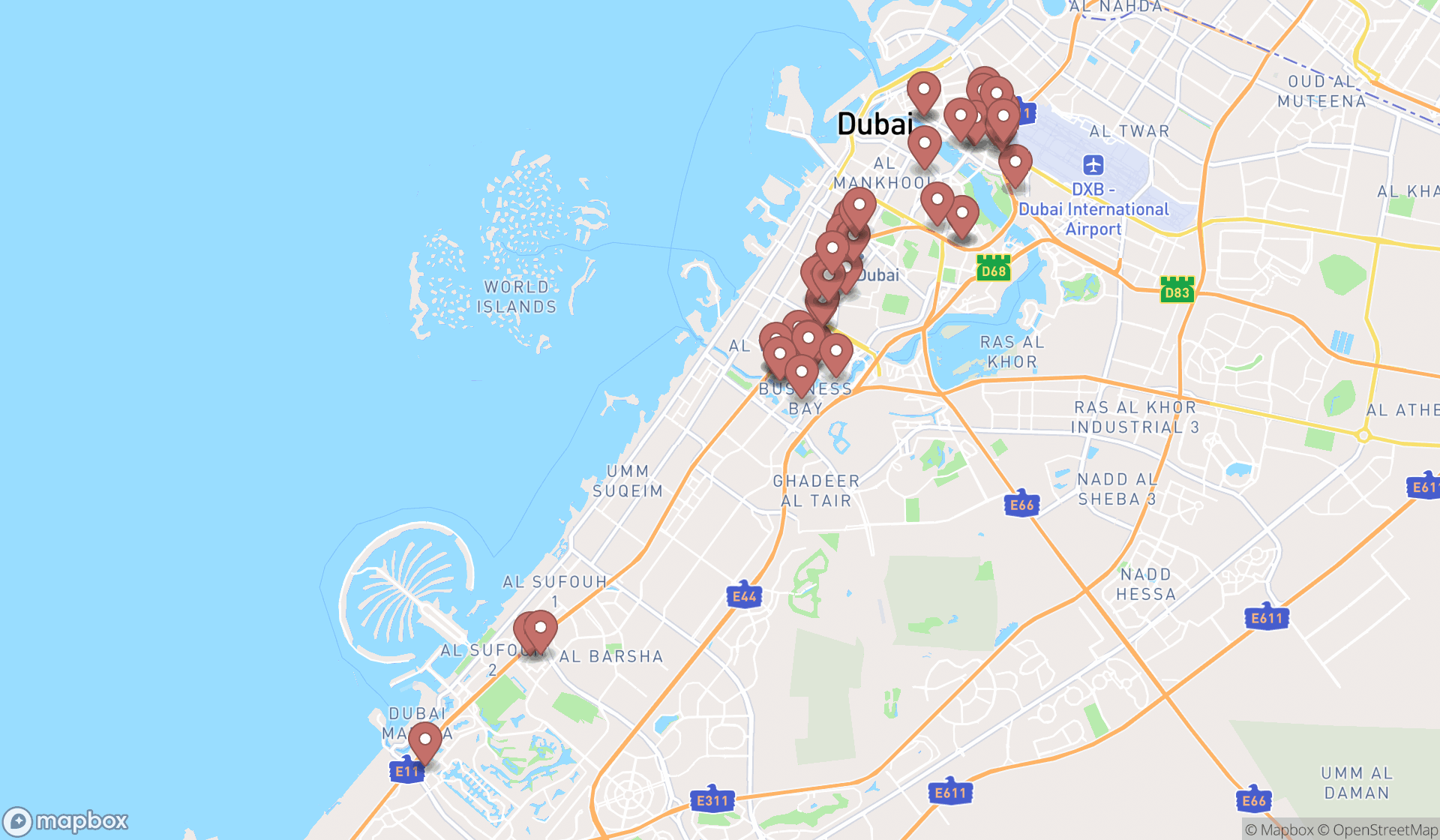 Map showing the search results in Dubai