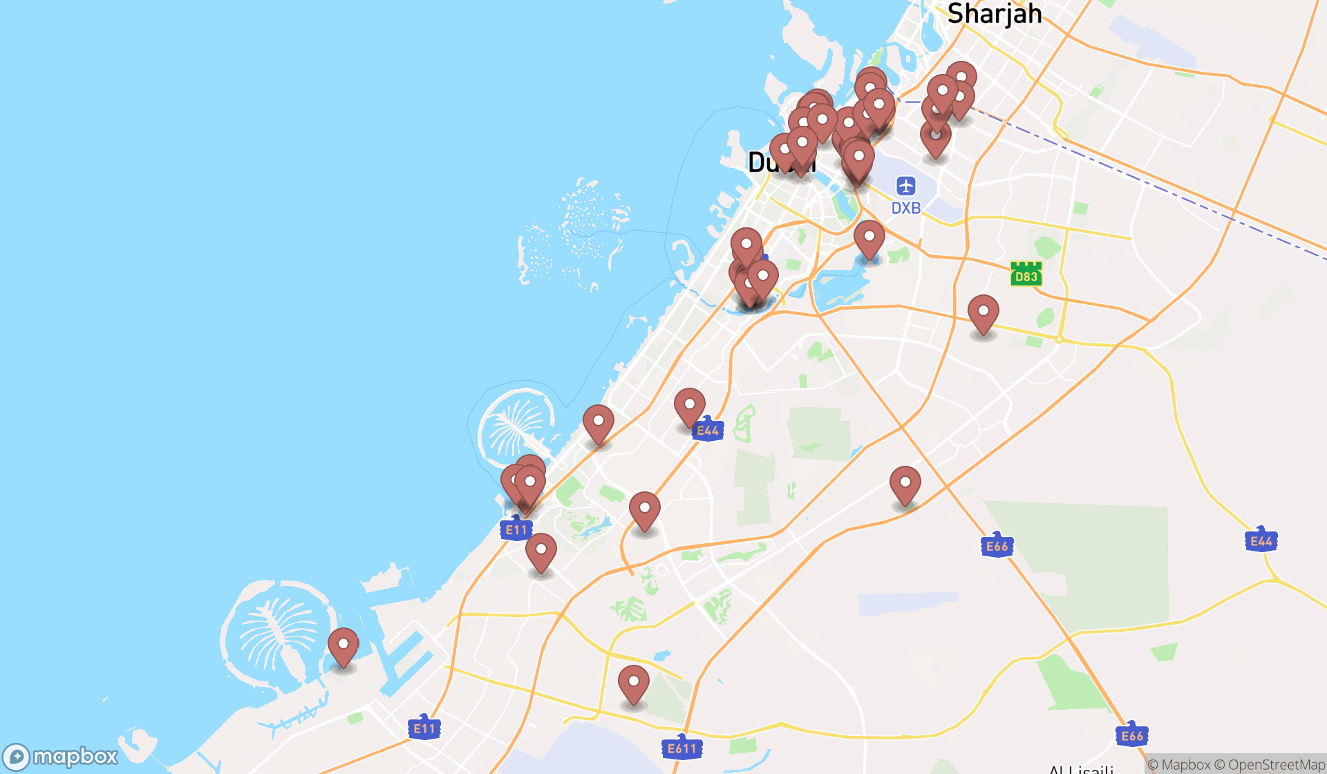 Map showing the search results in Dubai
