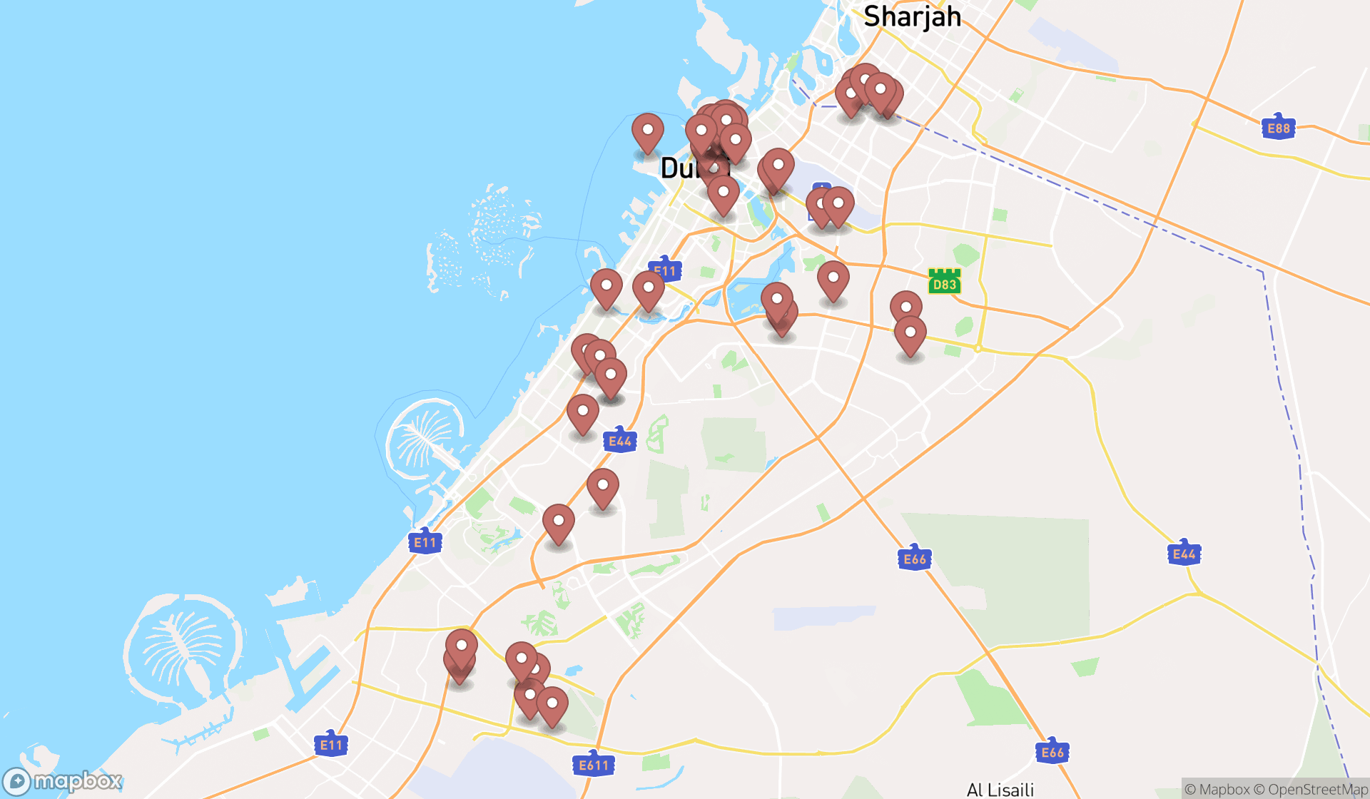 Map showing the search results in Dubai