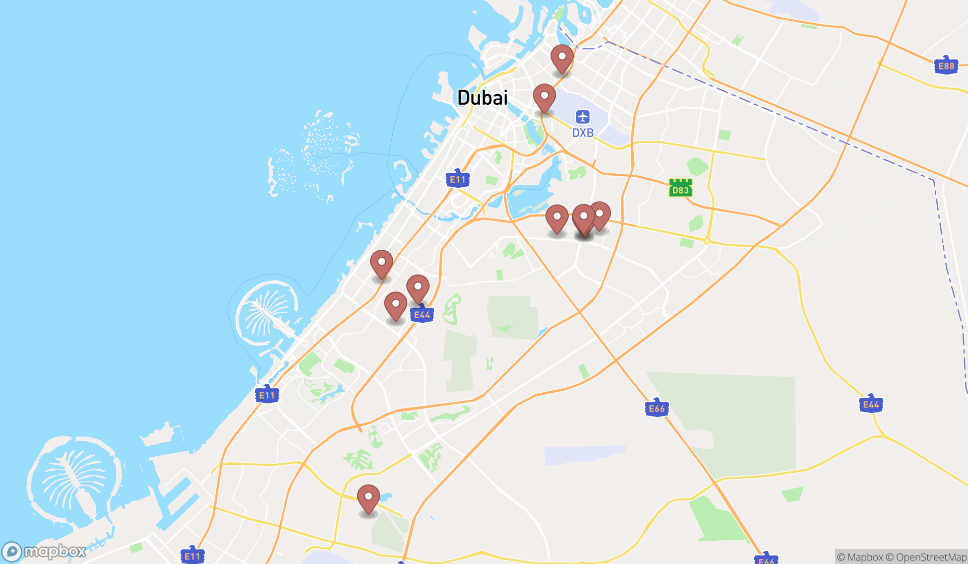 Map showing the search results in Dubai