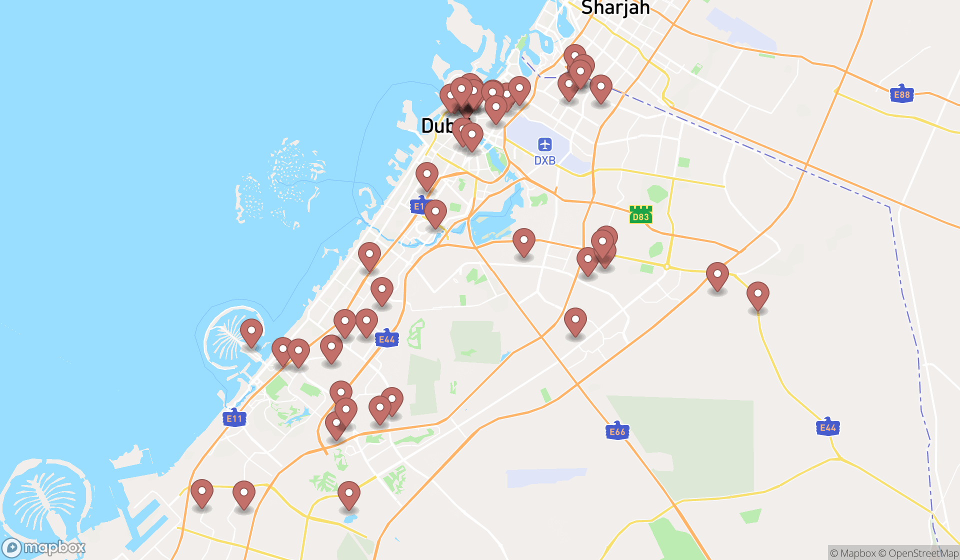 Map showing the search results in Dubai