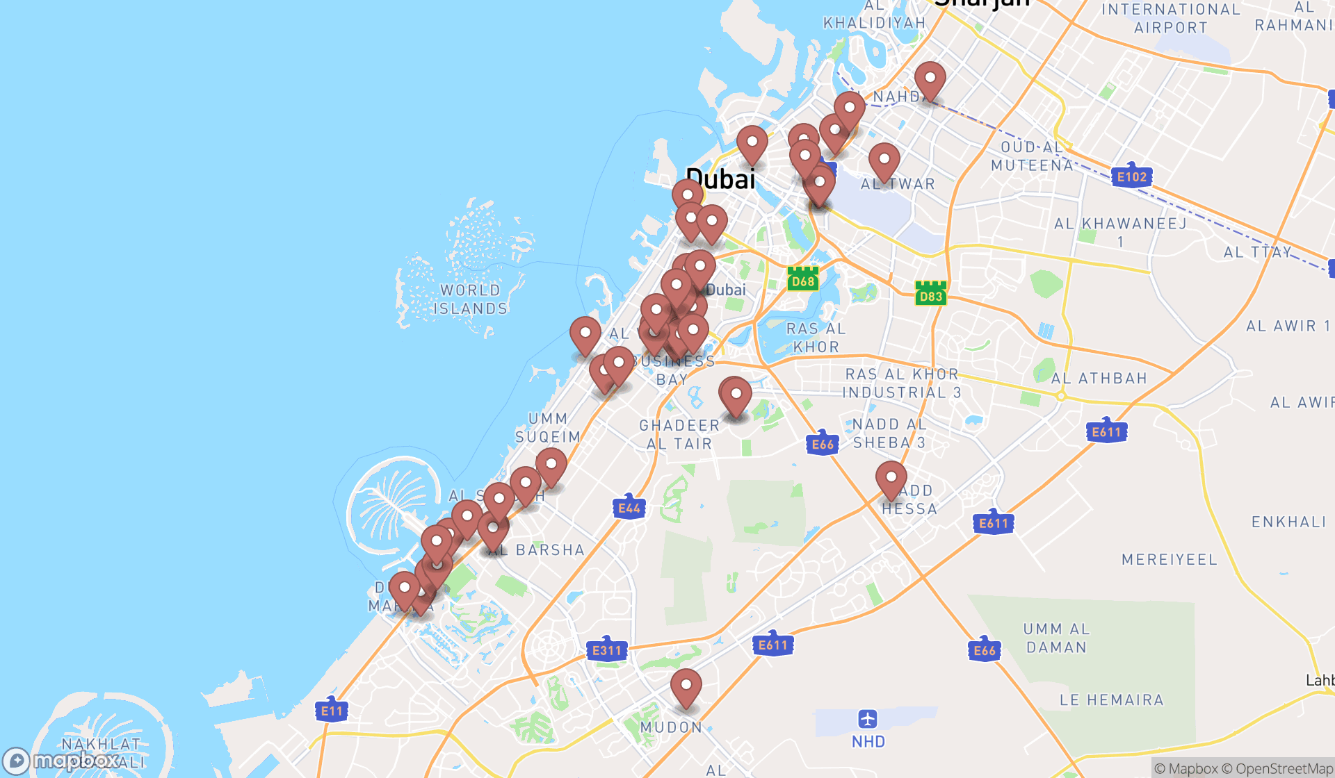 Map showing the search results in Dubai