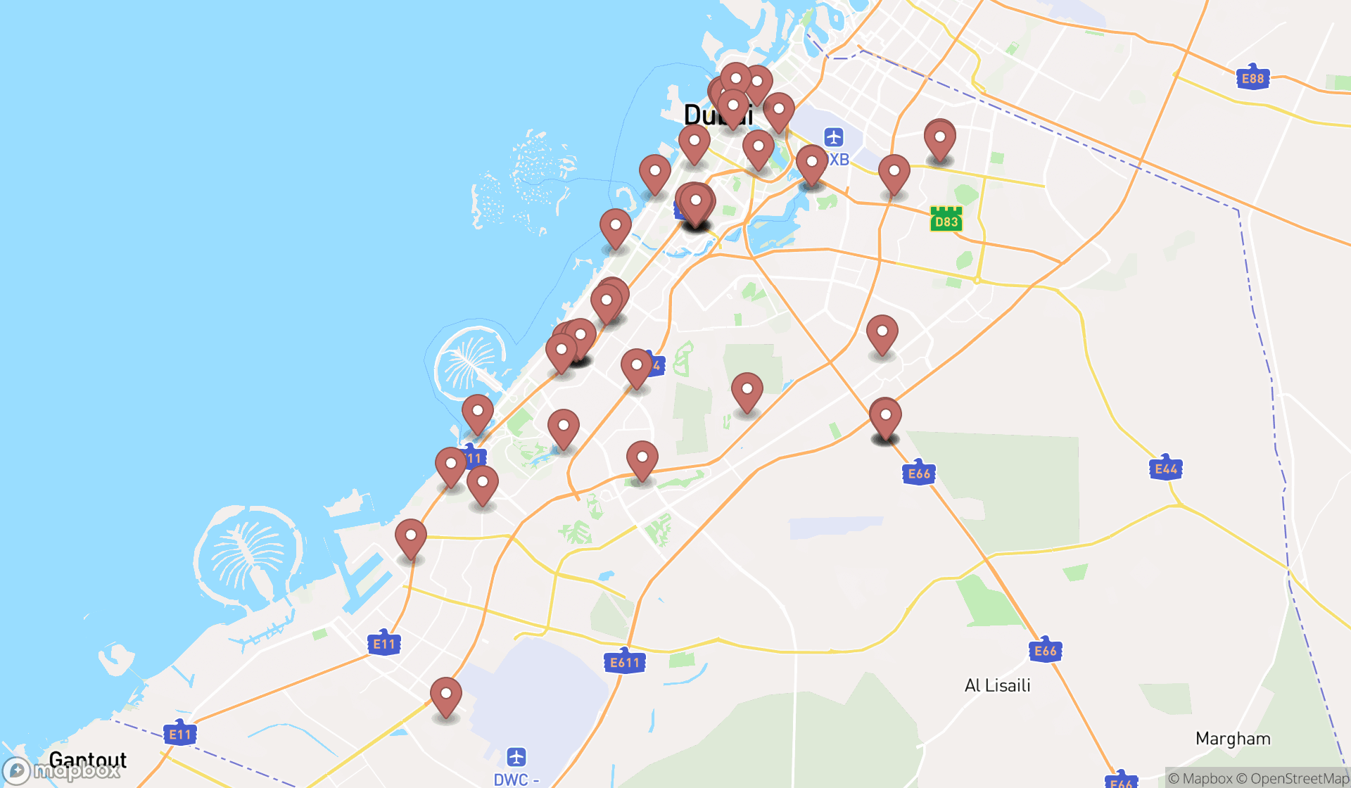 Map showing the search results in Dubai