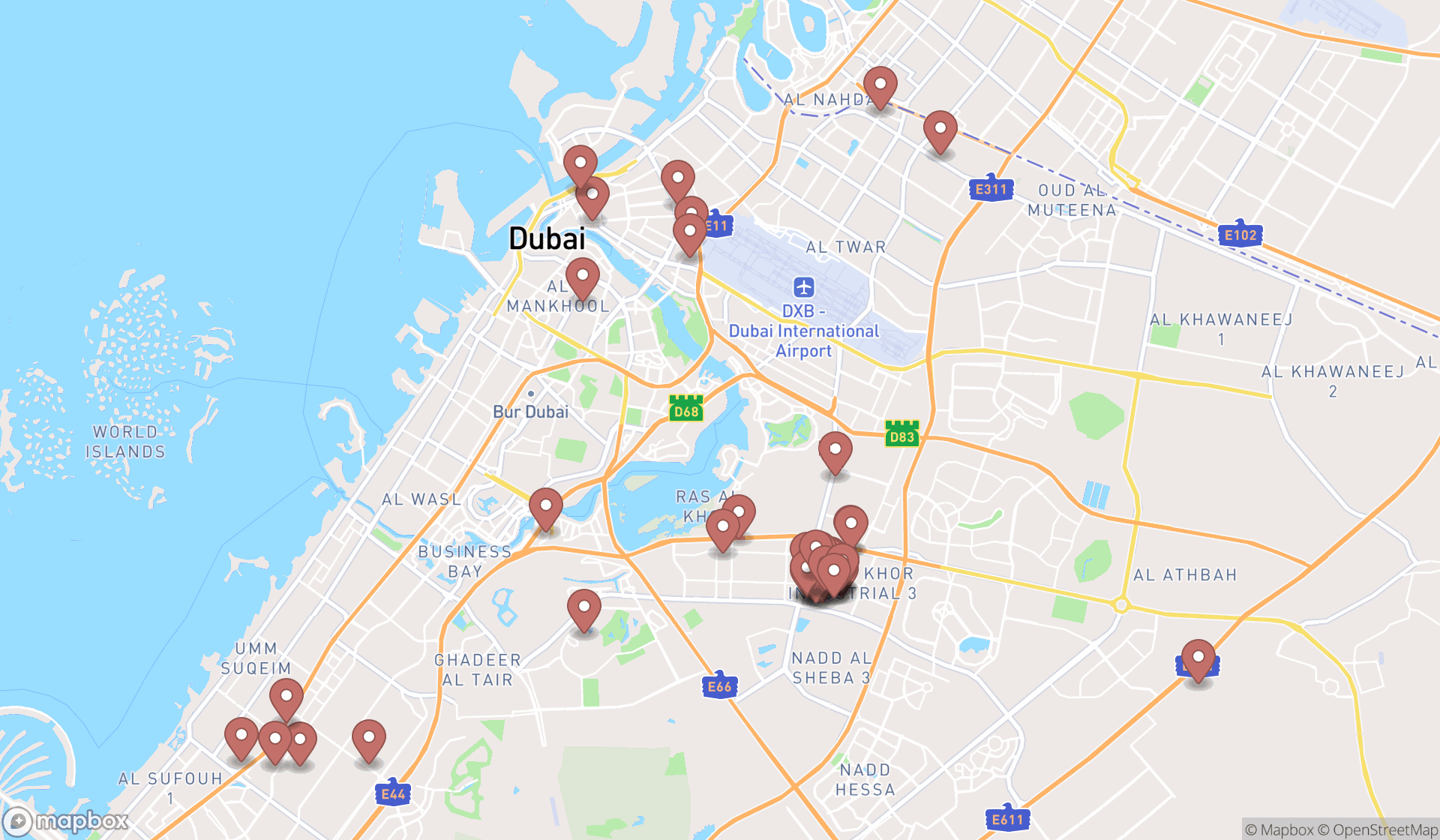 Map showing the search results in Dubai