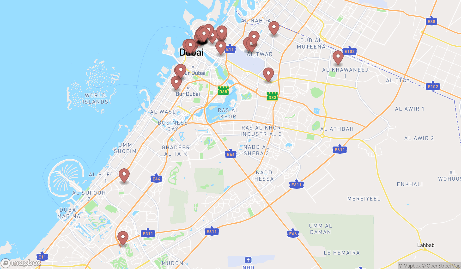 Map showing the search results in Dubai