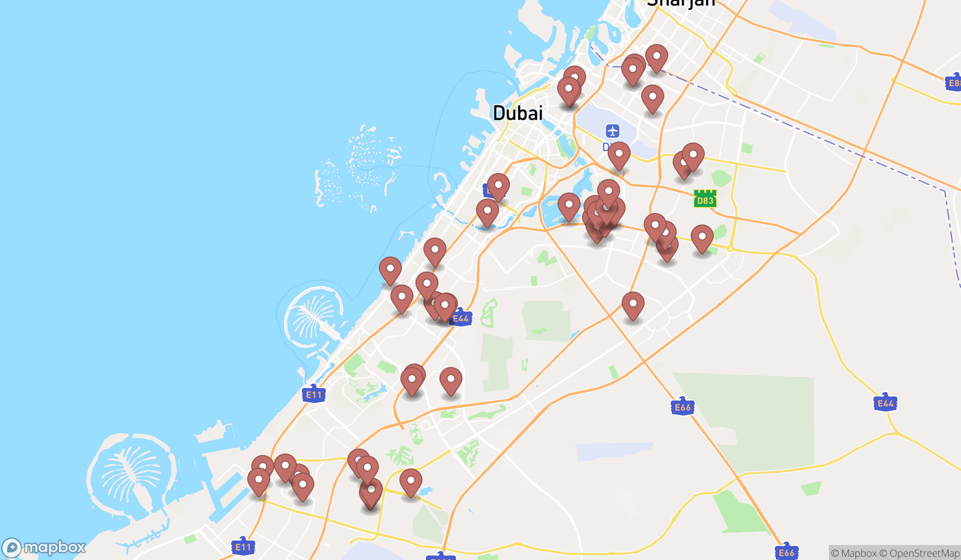Map showing the search results in Dubai