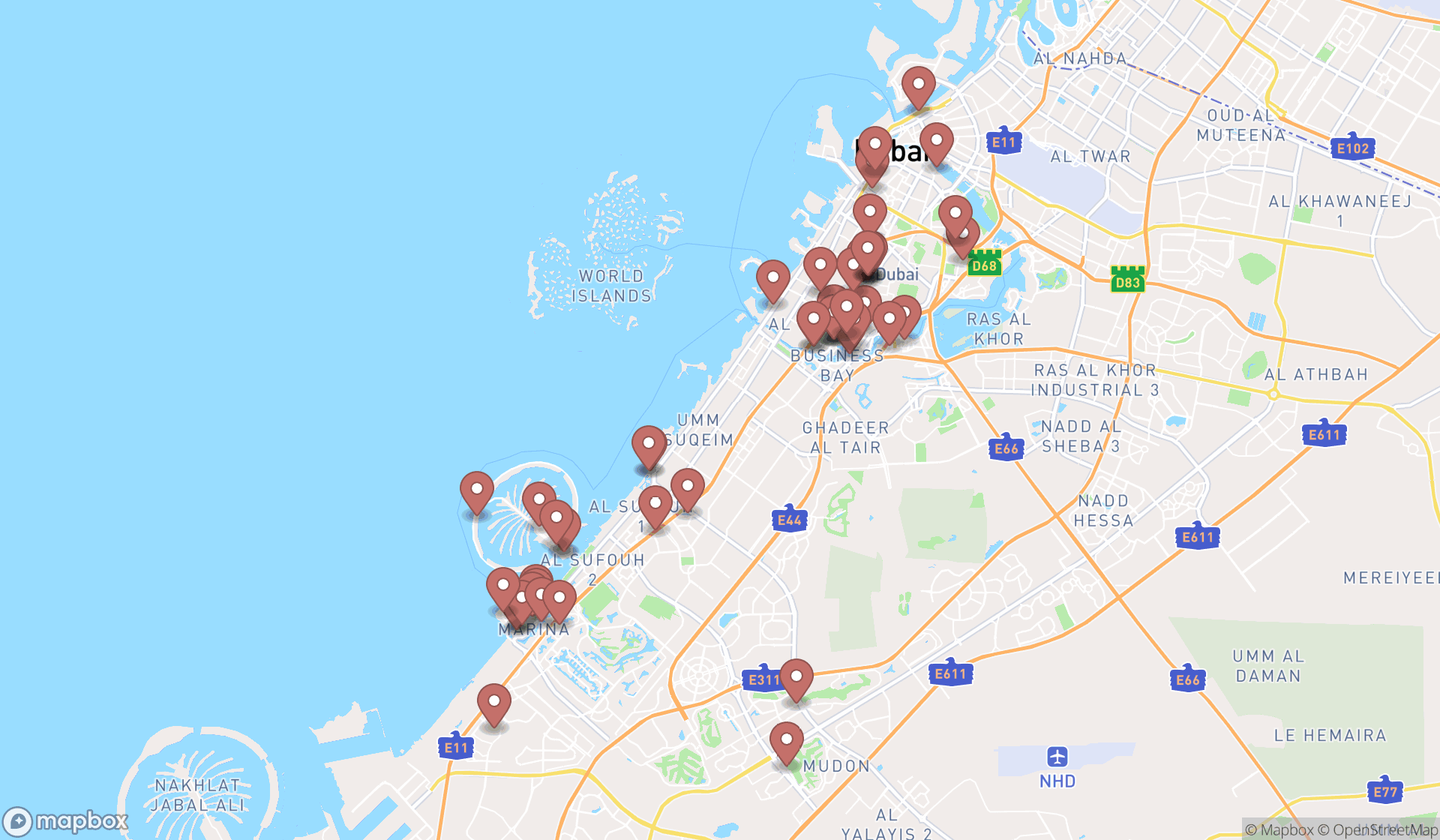 Map showing the search results in Dubai