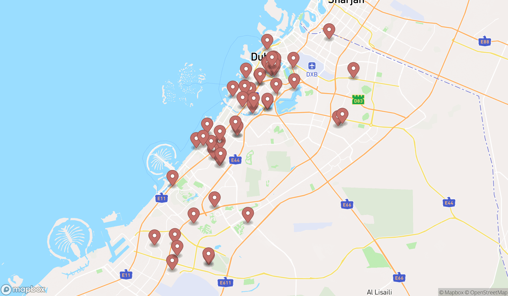 Map showing the search results in Dubai