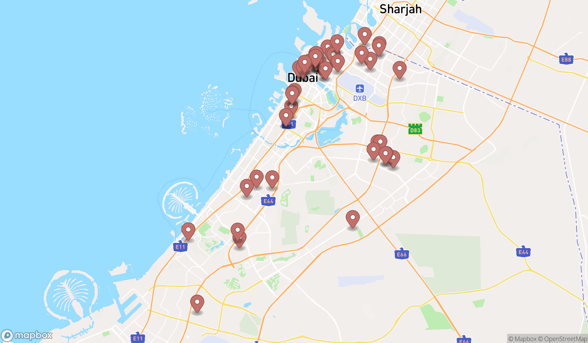 Map showing the search results in Dubai