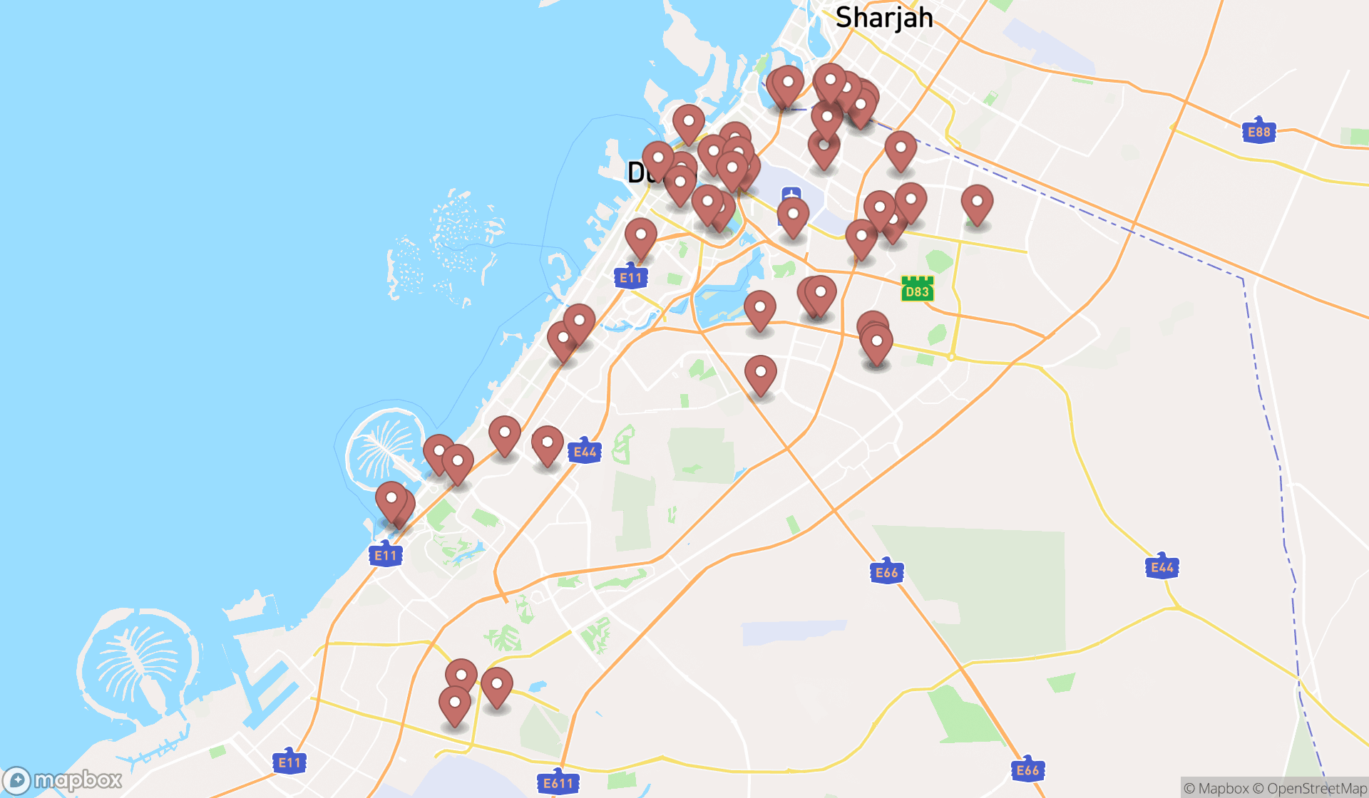 Map showing the search results in Dubai