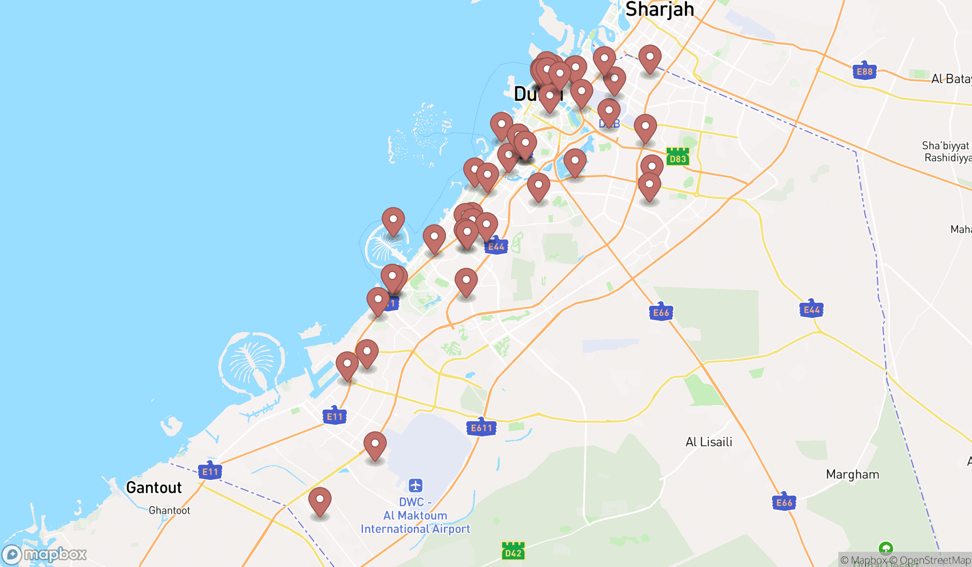 Map showing the search results in Dubai