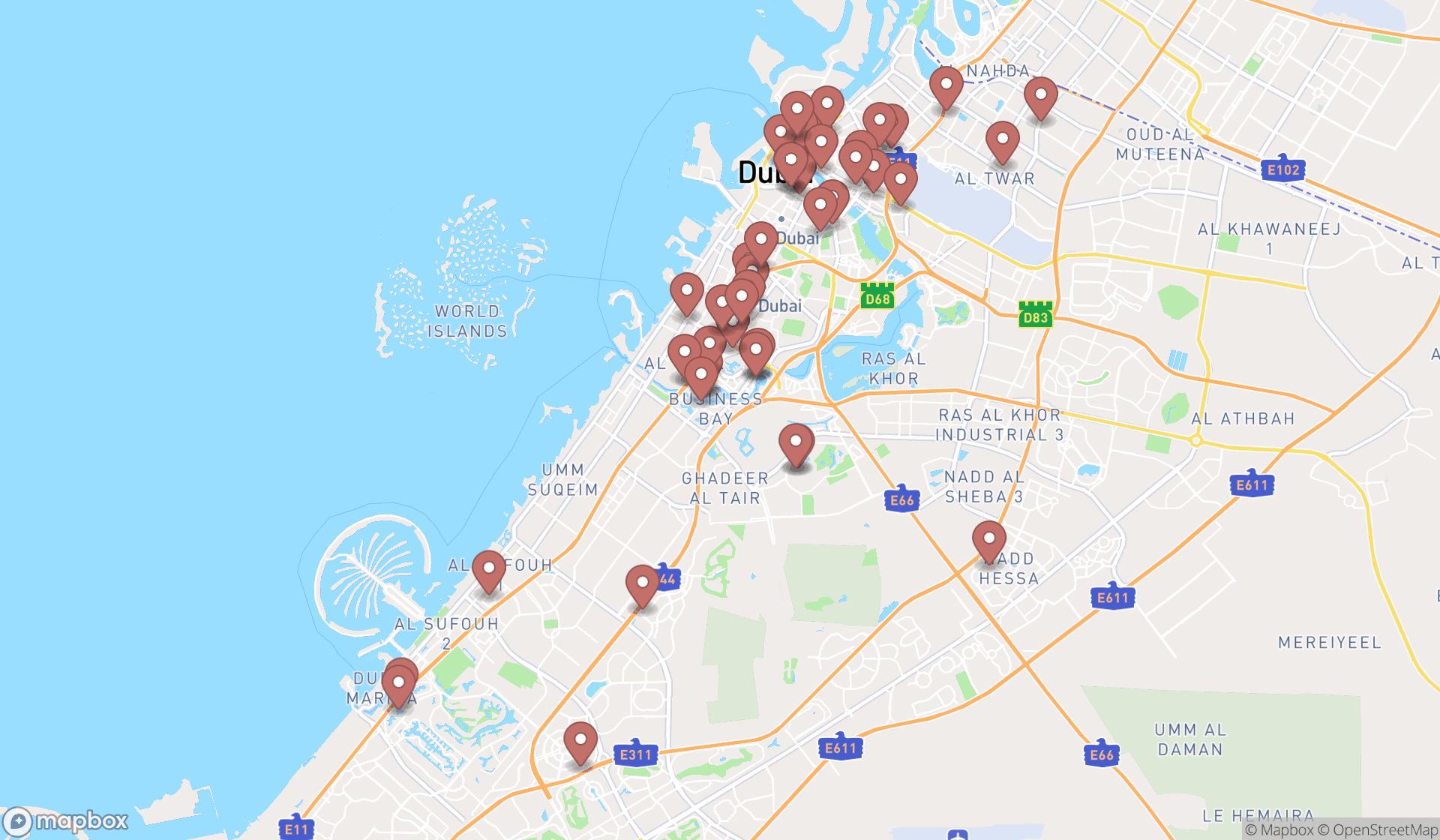 Map showing the search results in Dubai