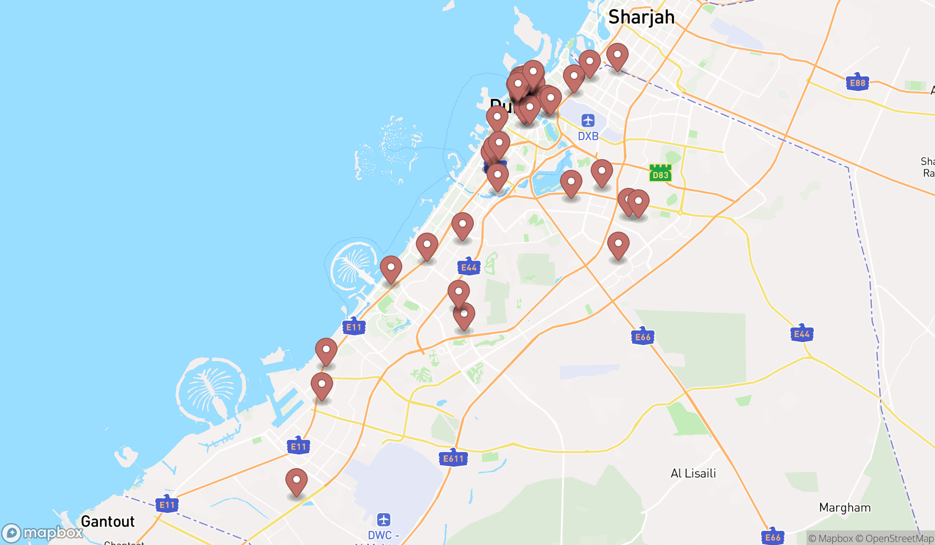 Map showing the search results in Dubai