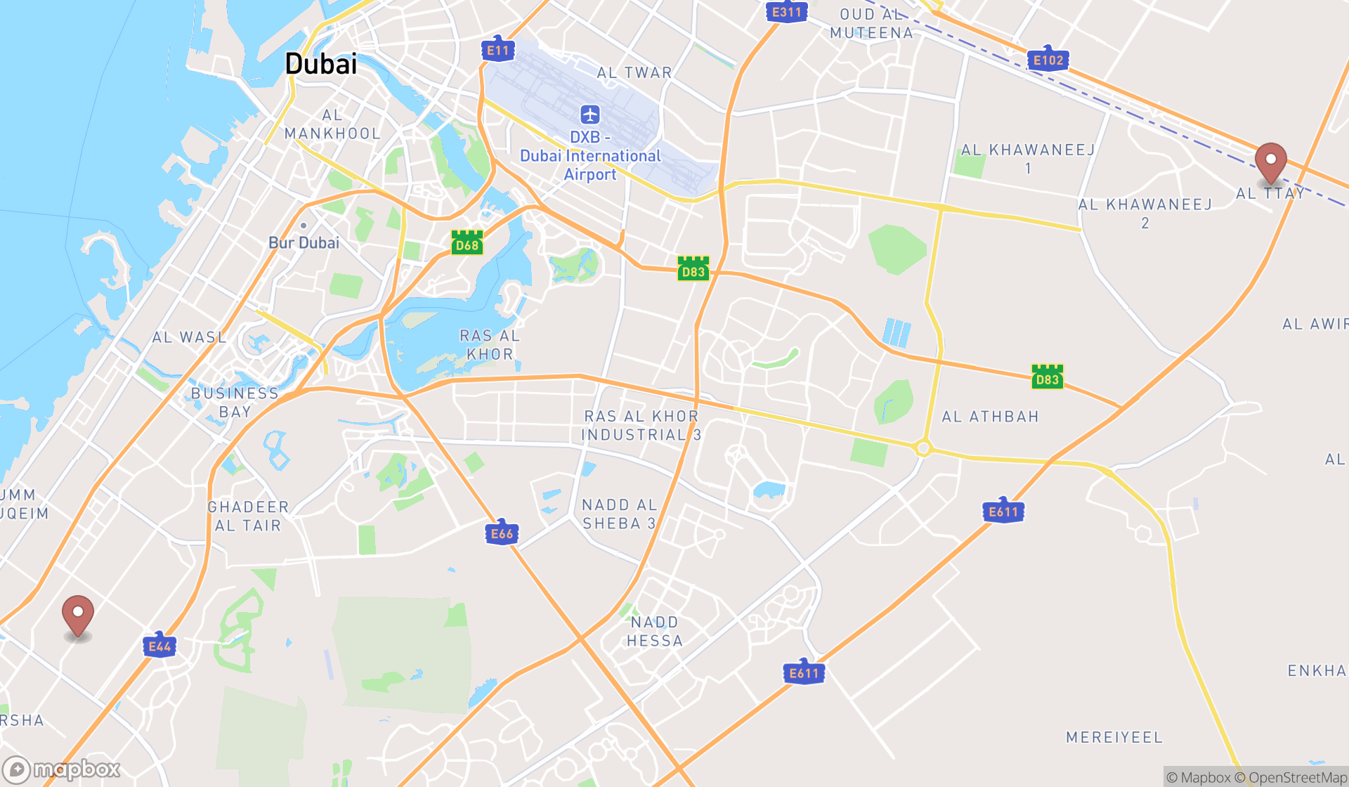 Map showing the search results in Dubai