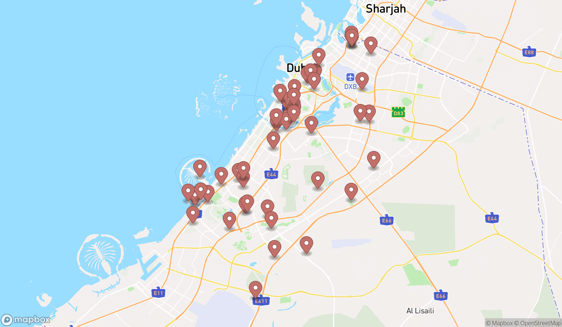 Map showing the search results in Dubai