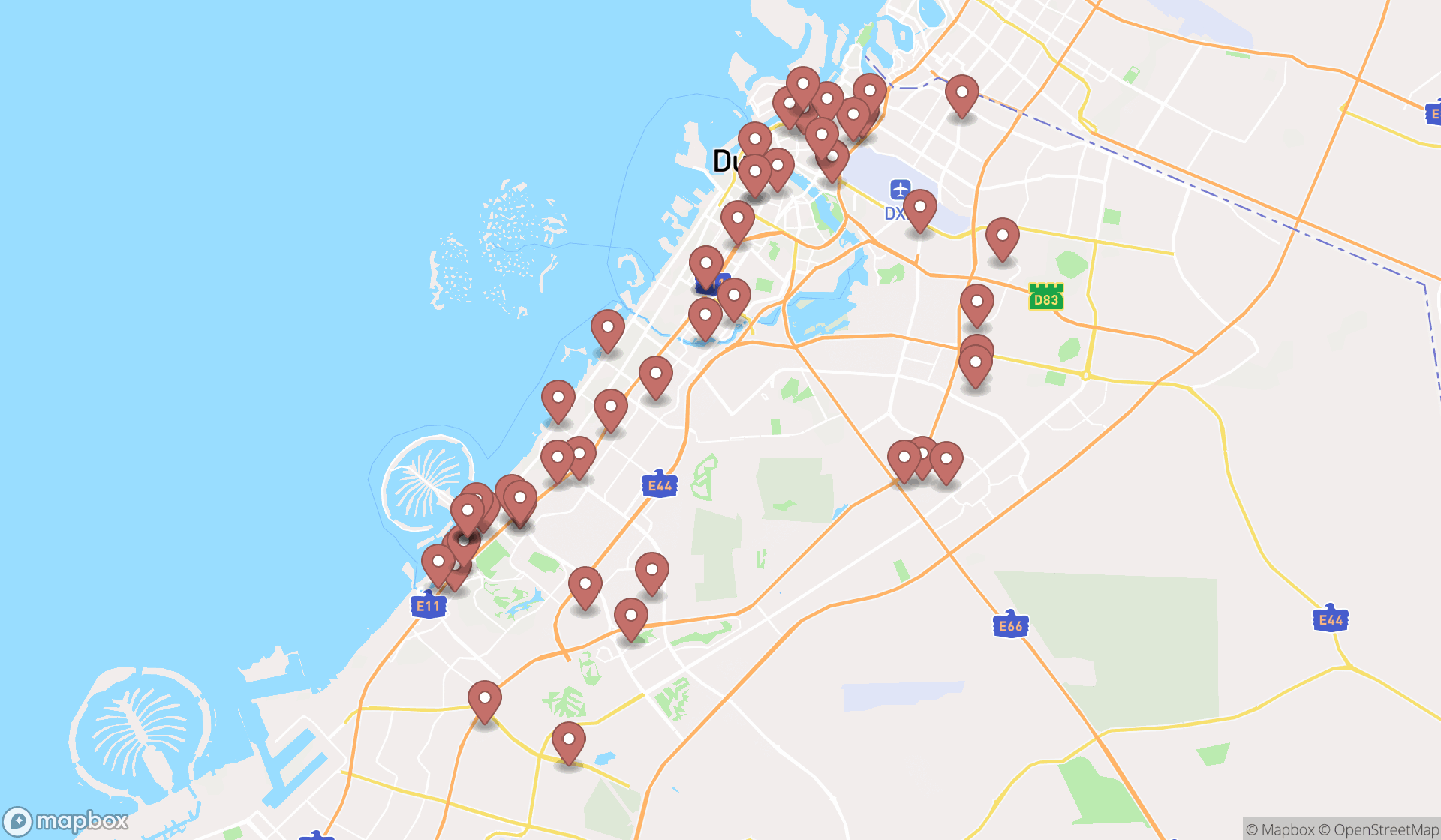 Map showing the search results in Dubai