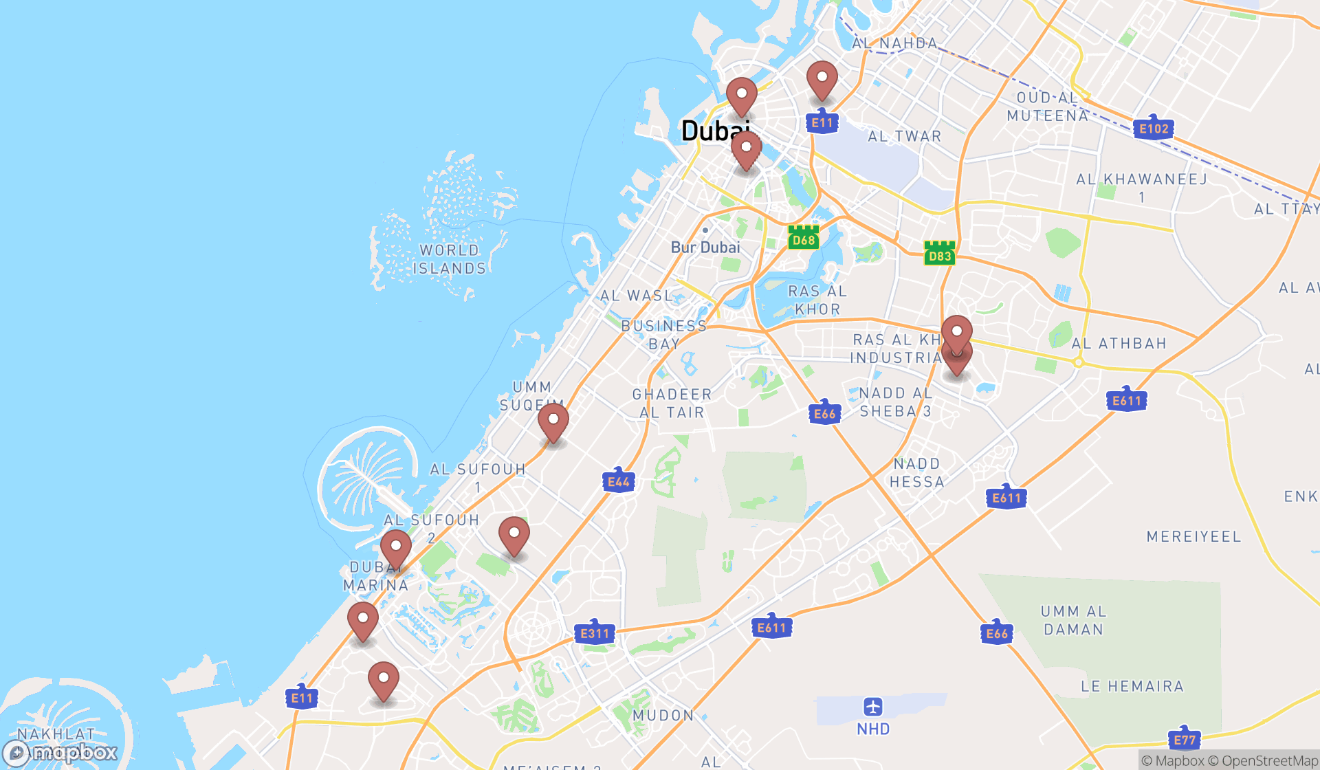 Map showing the search results in Dubai