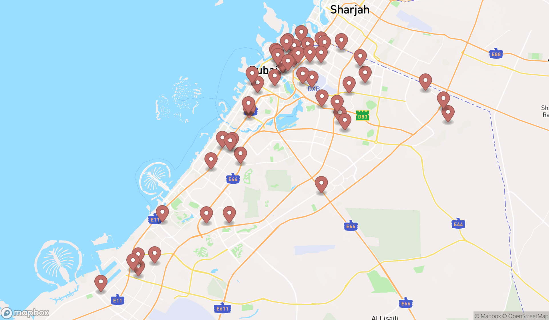 Map showing the search results in Dubai