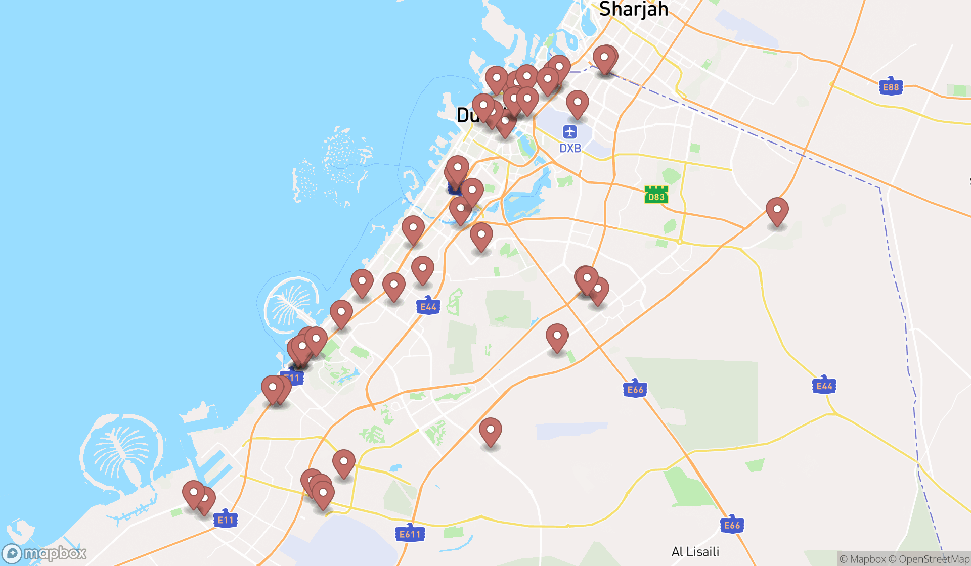 Map showing the search results in Dubai