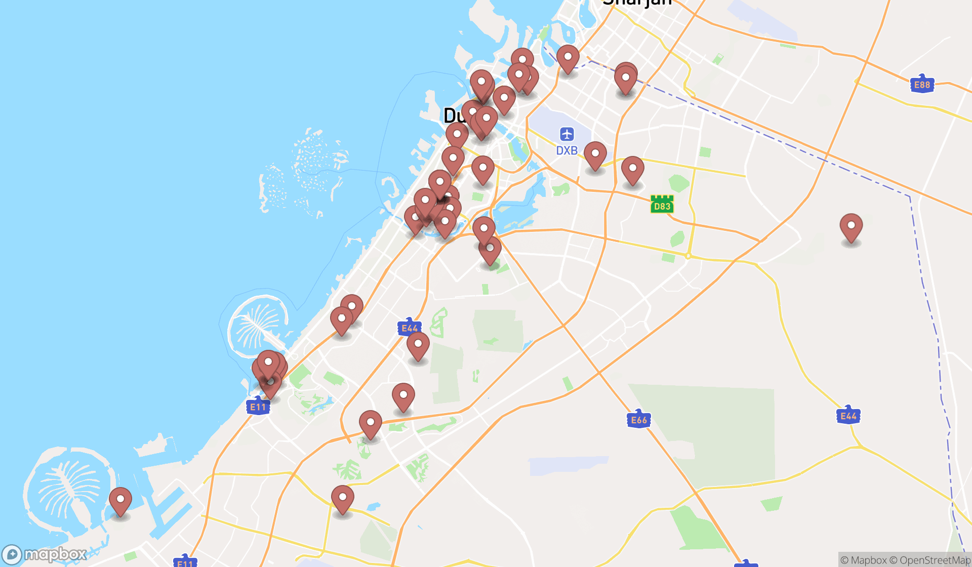 Map showing the search results in Dubai