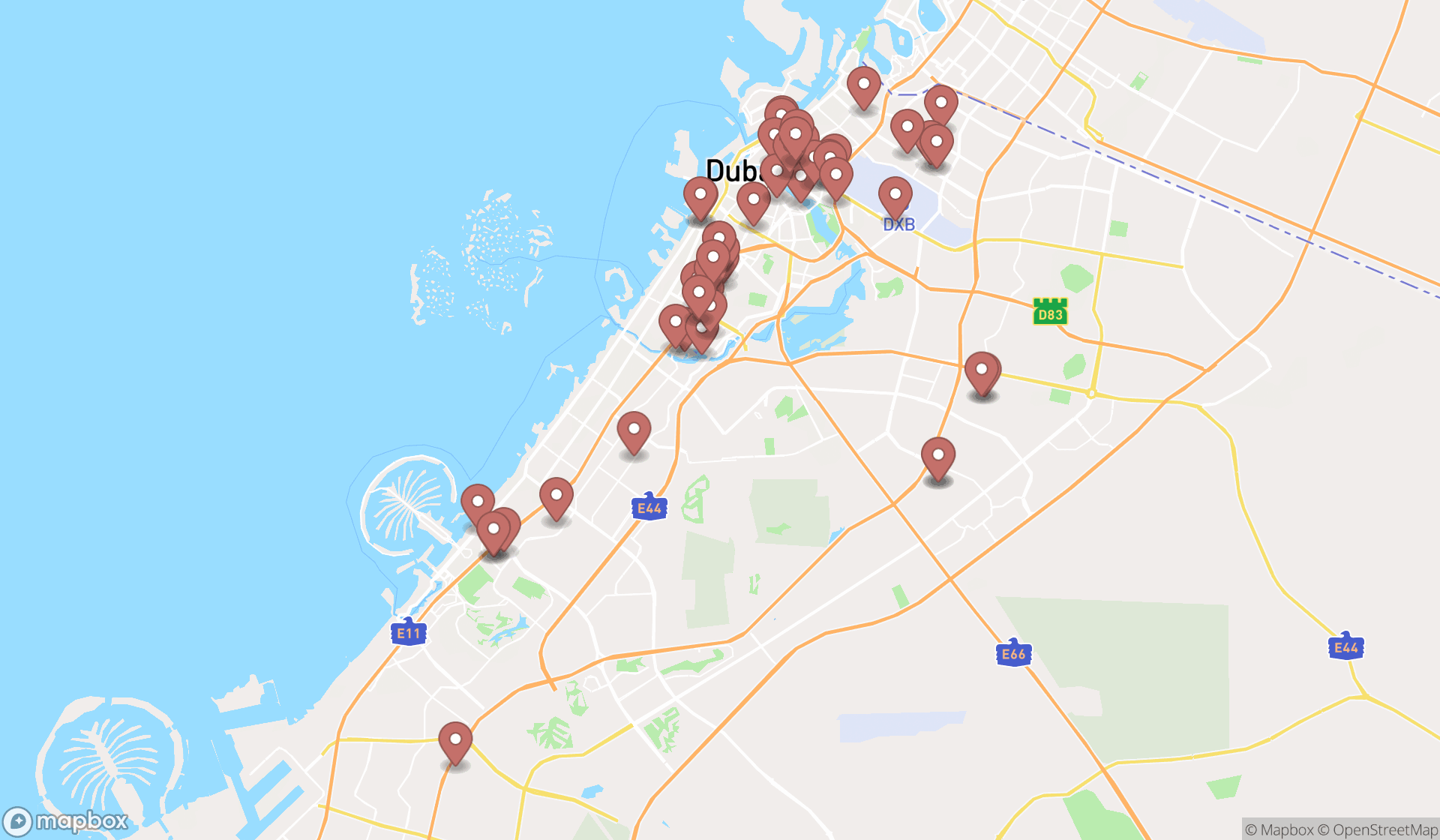 Map showing the search results in Dubai