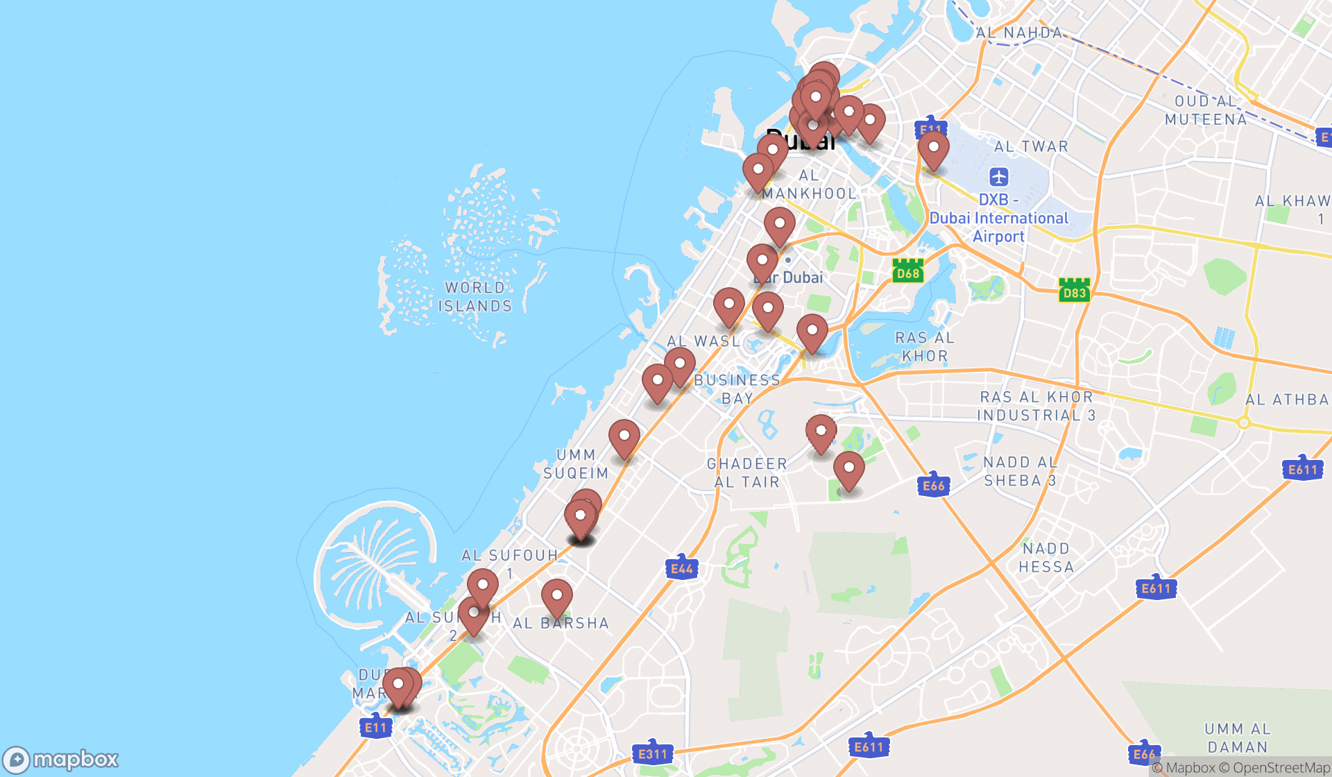 Map showing the search results in Dubai