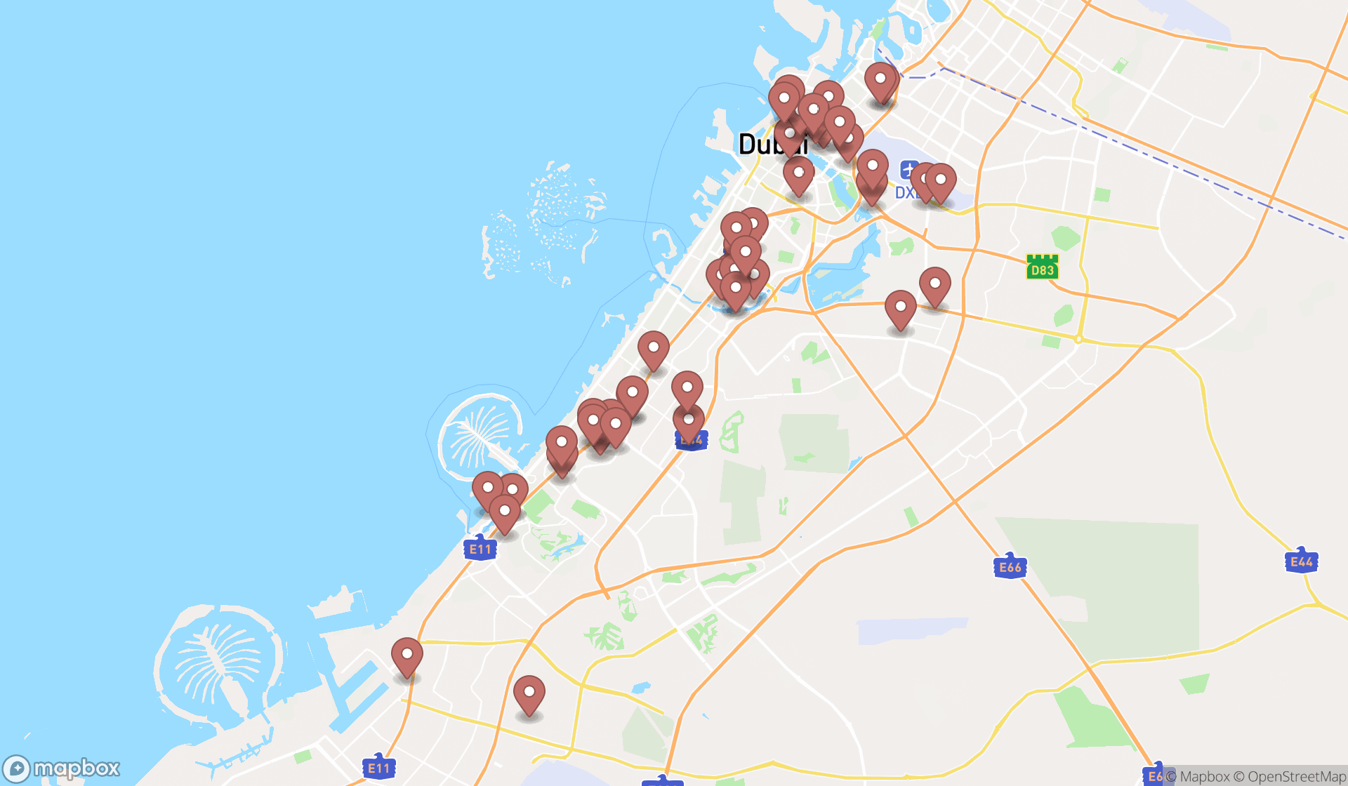 Map showing the search results in Dubai