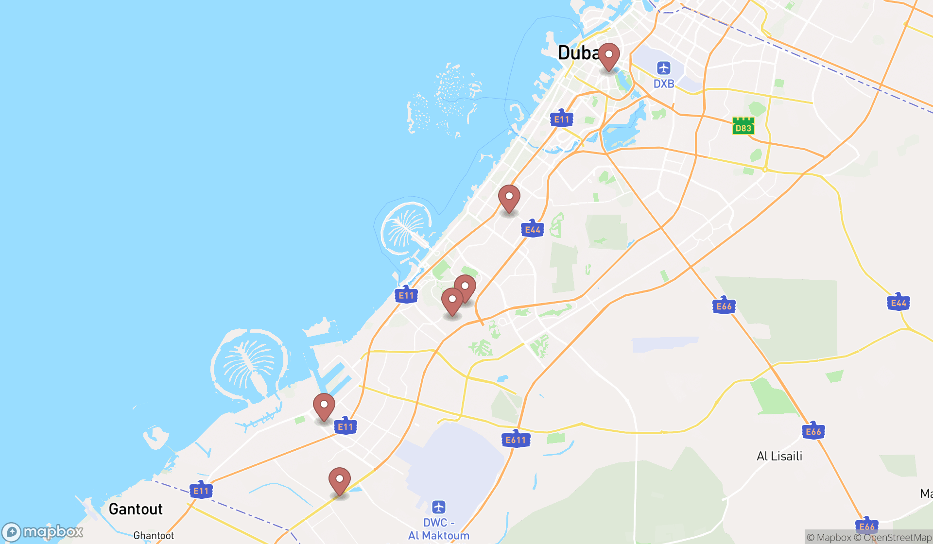 Map showing the search results in Dubai