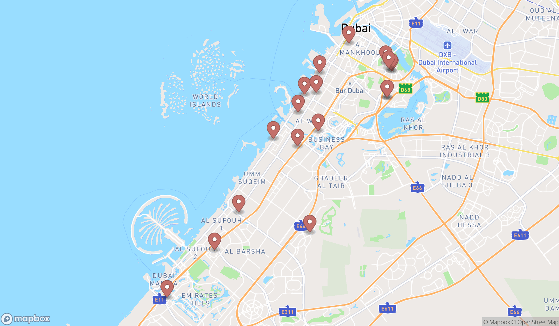 Map showing the search results in Dubai