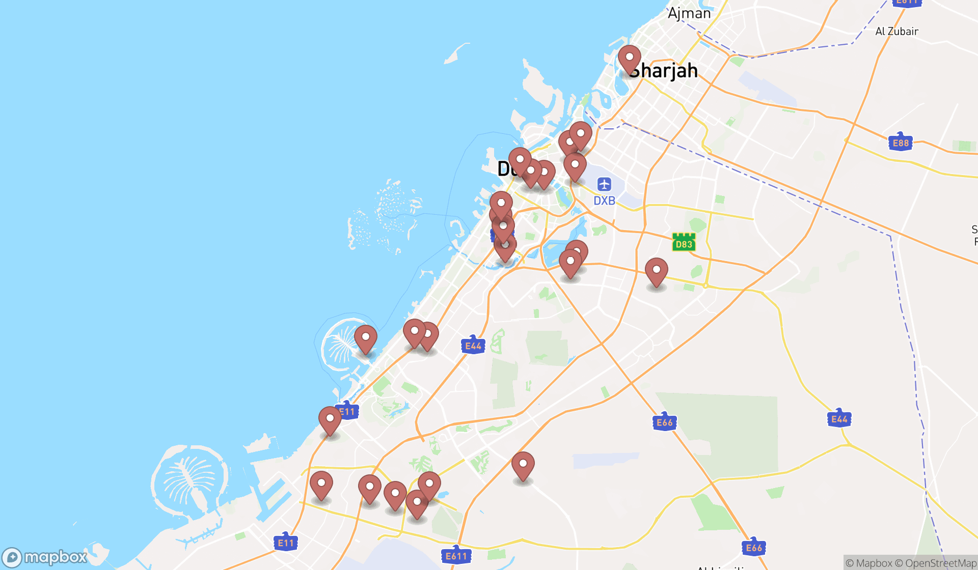 Map showing the search results in Dubai