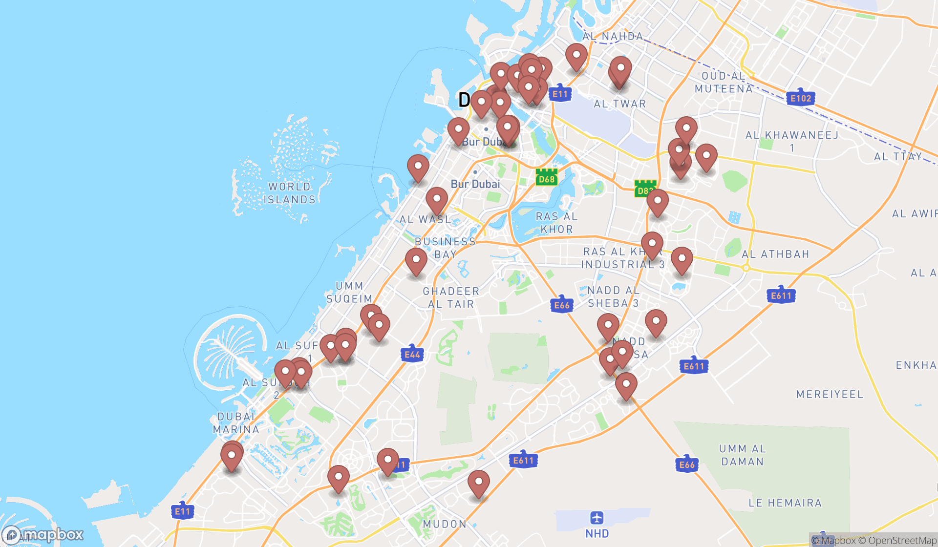 Map showing the search results in Dubai