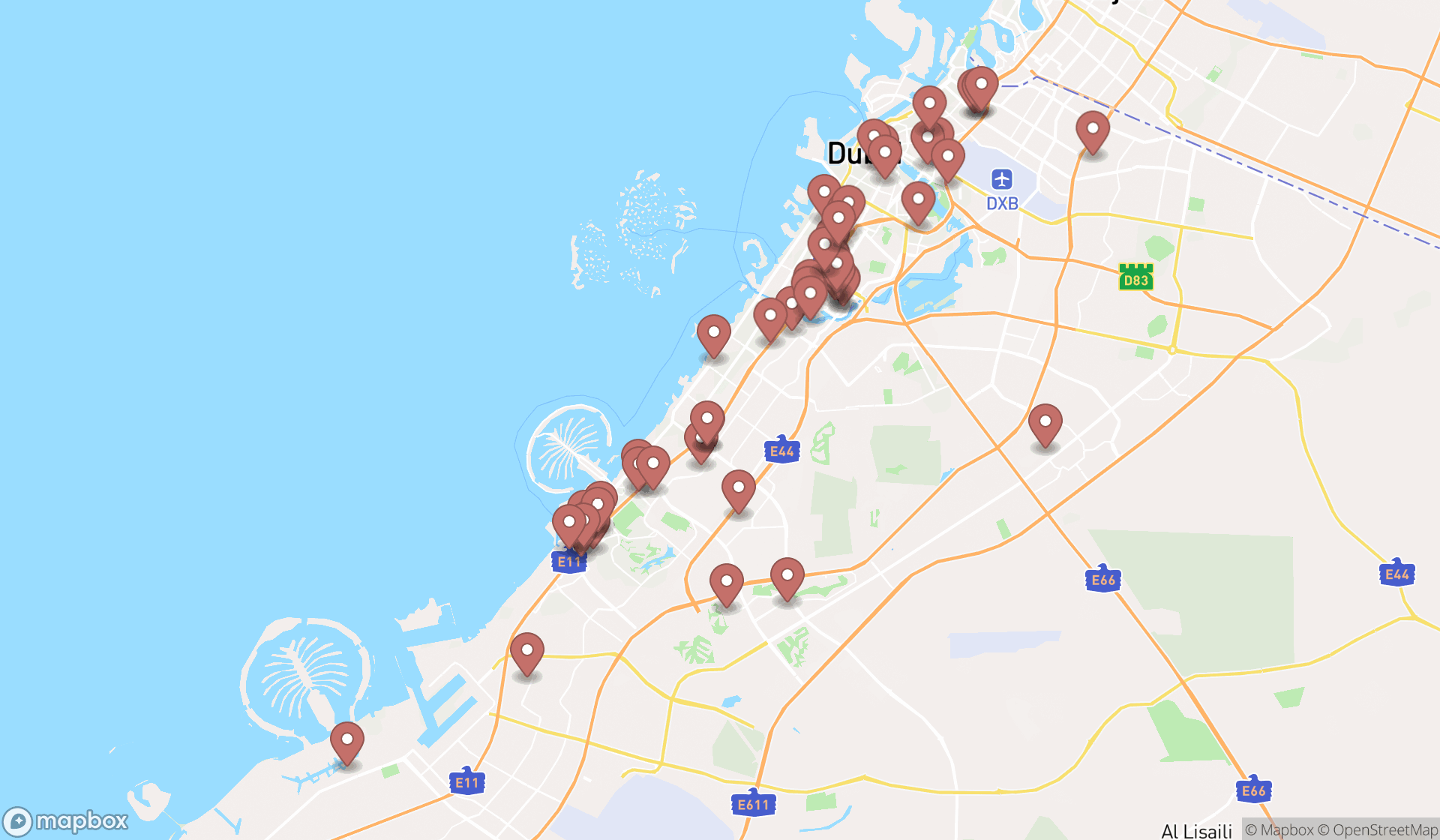 Map showing the search results in Dubai