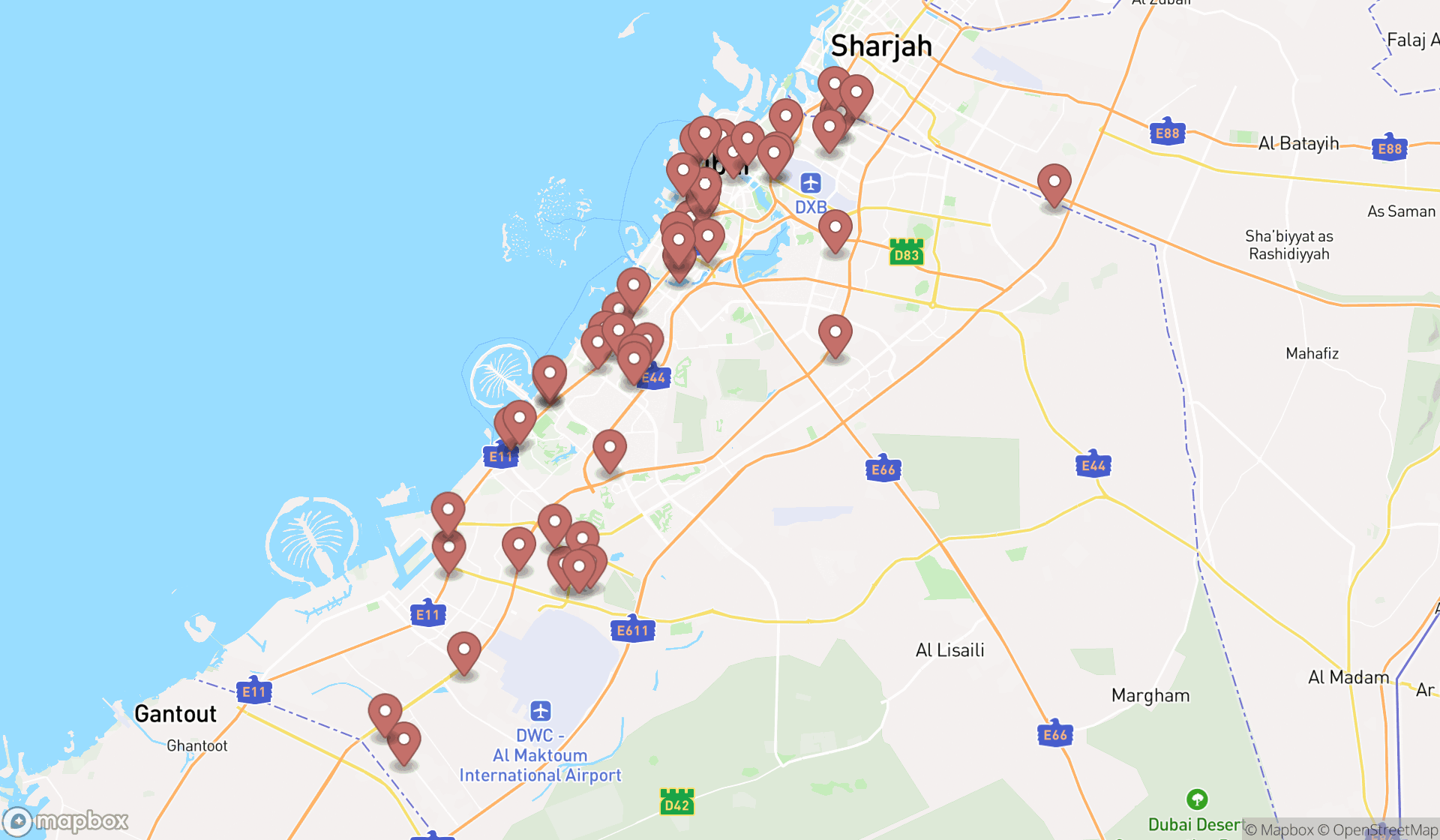 Map showing the search results in Dubai