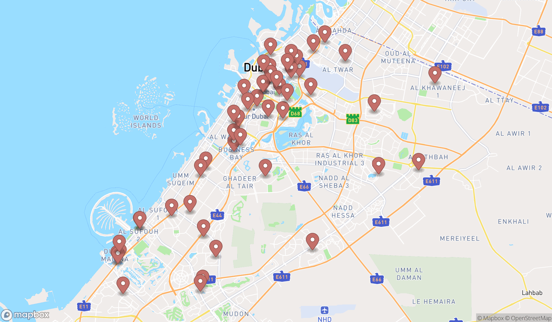 Map showing the search results in Dubai