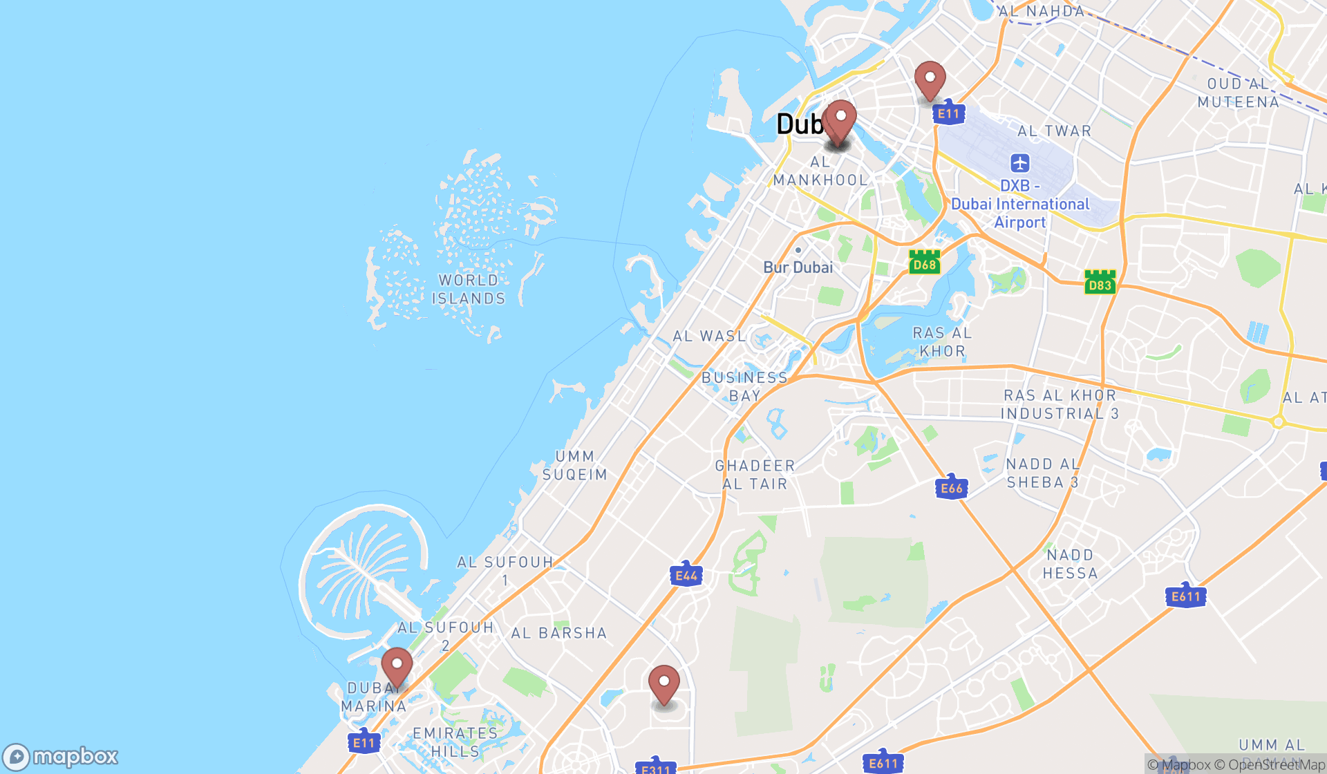 Map showing the search results in Dubai