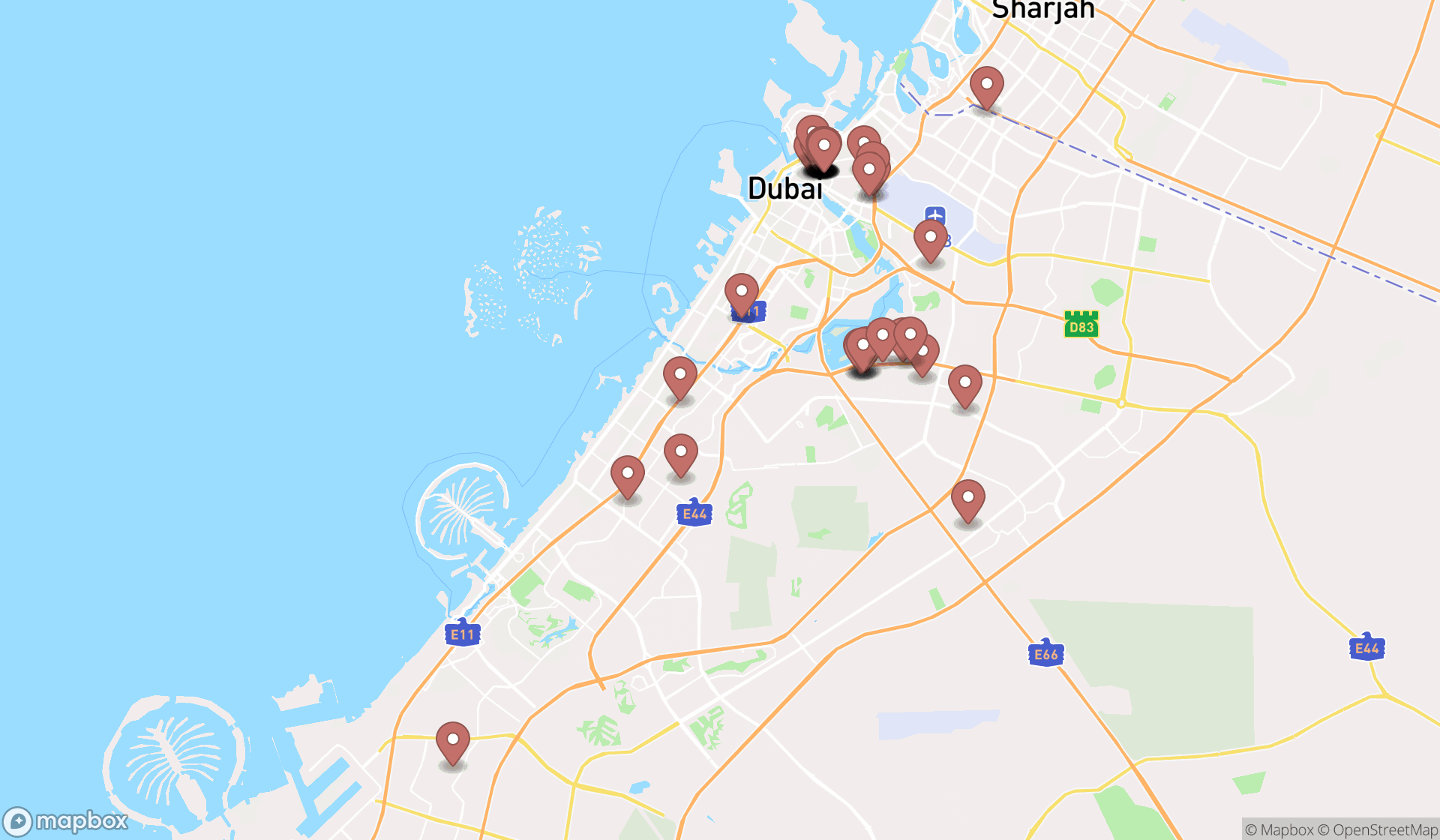 Map showing the search results in Dubai